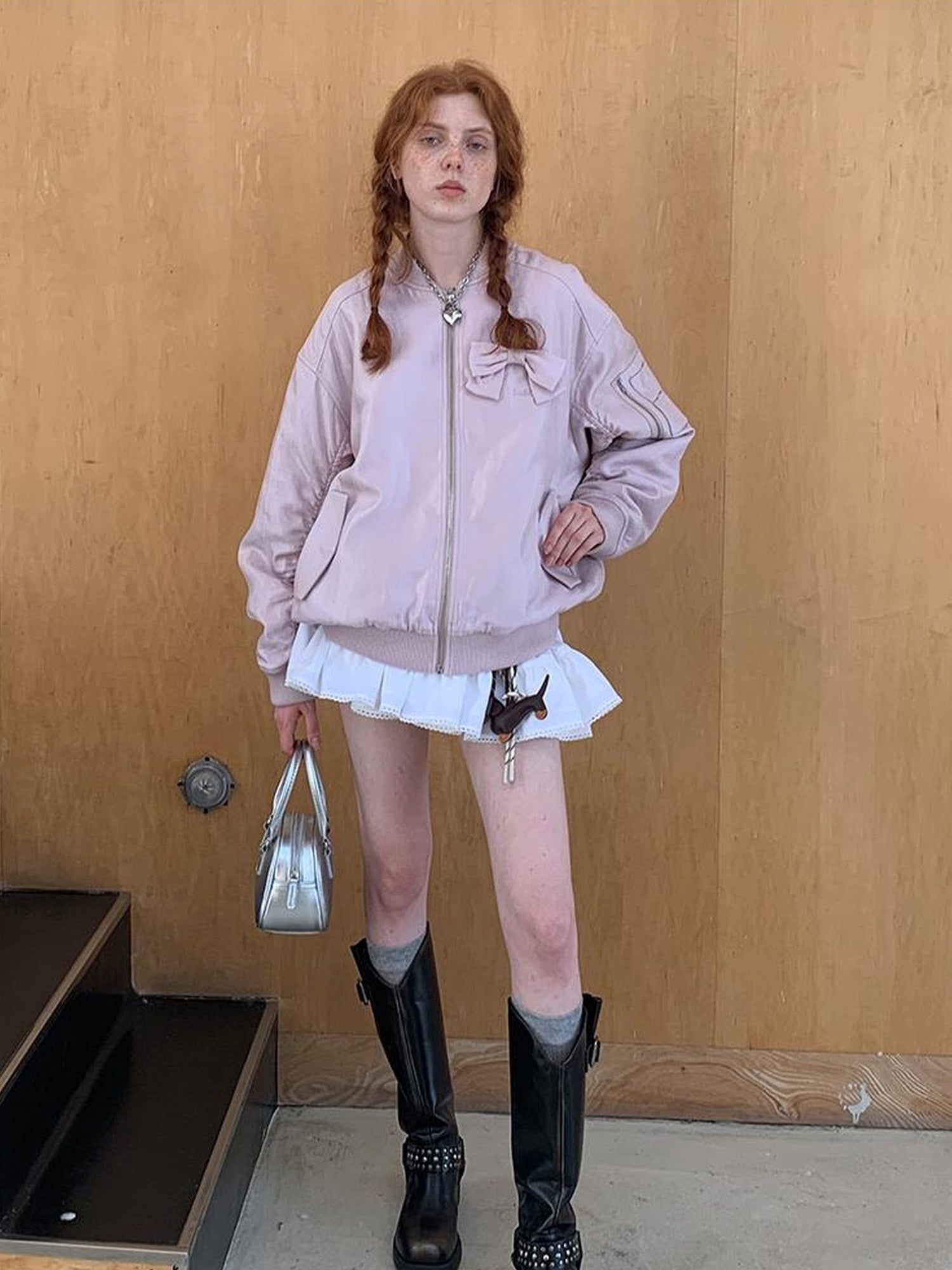DIDDI MODA Vintage Bow Embroidered Baseball Jacket