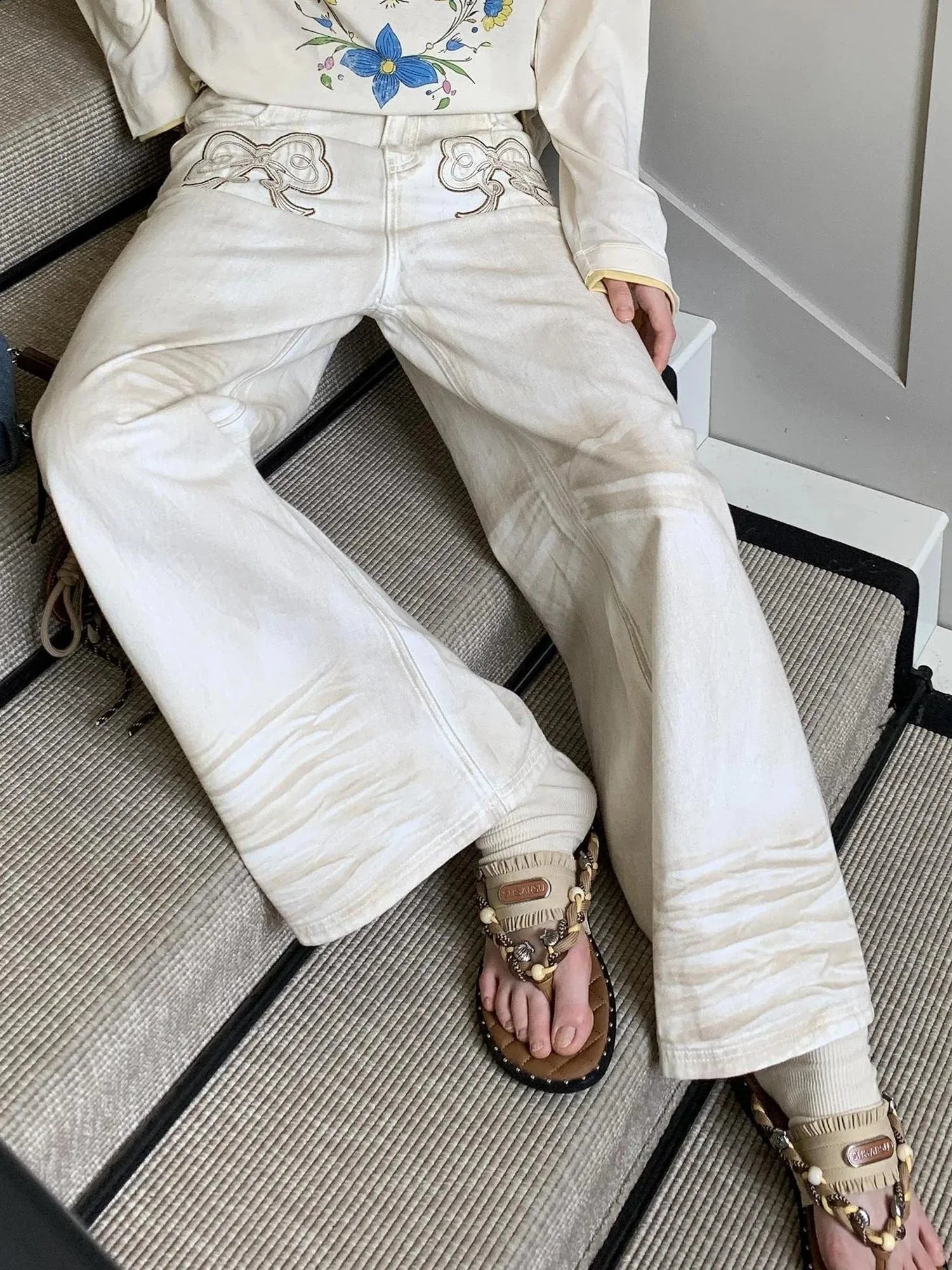 Vintage Bow Patchwork Distressed Jeans