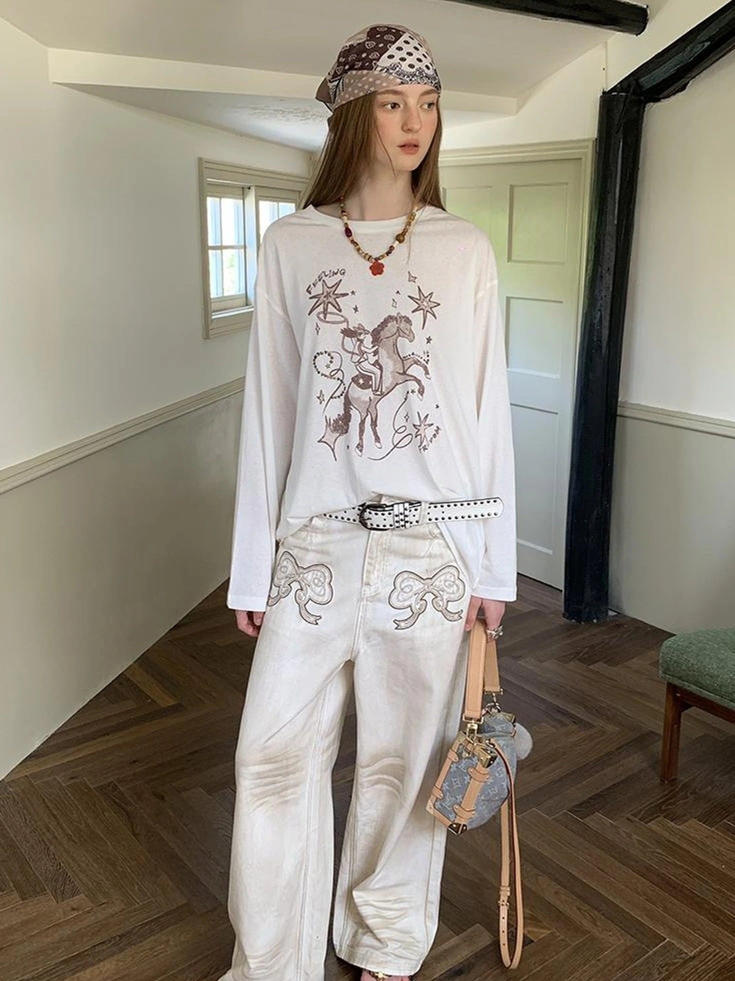 Vintage Bow Patchwork Distressed Jeans