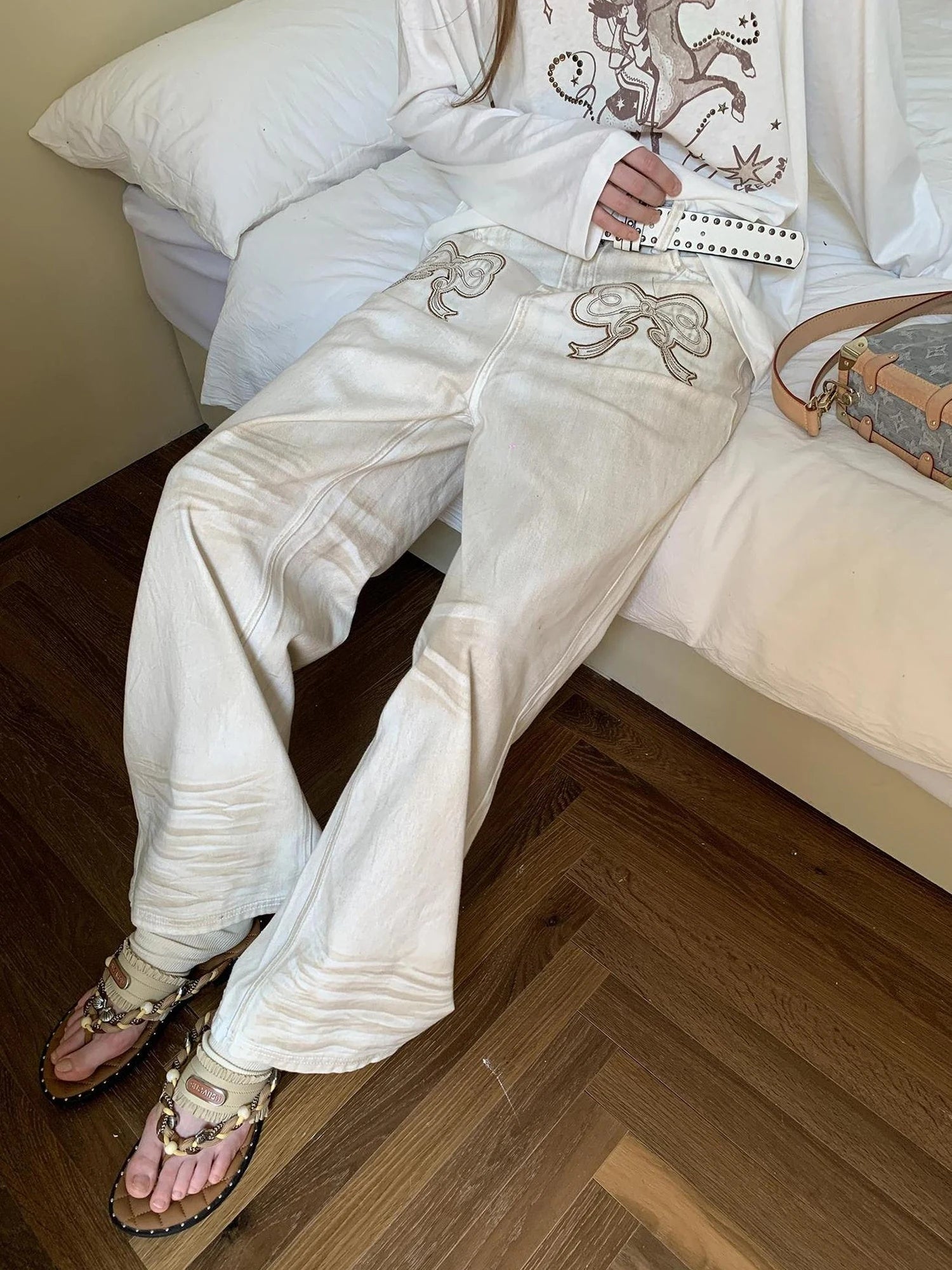 Vintage Bow Patchwork Distressed Jeans