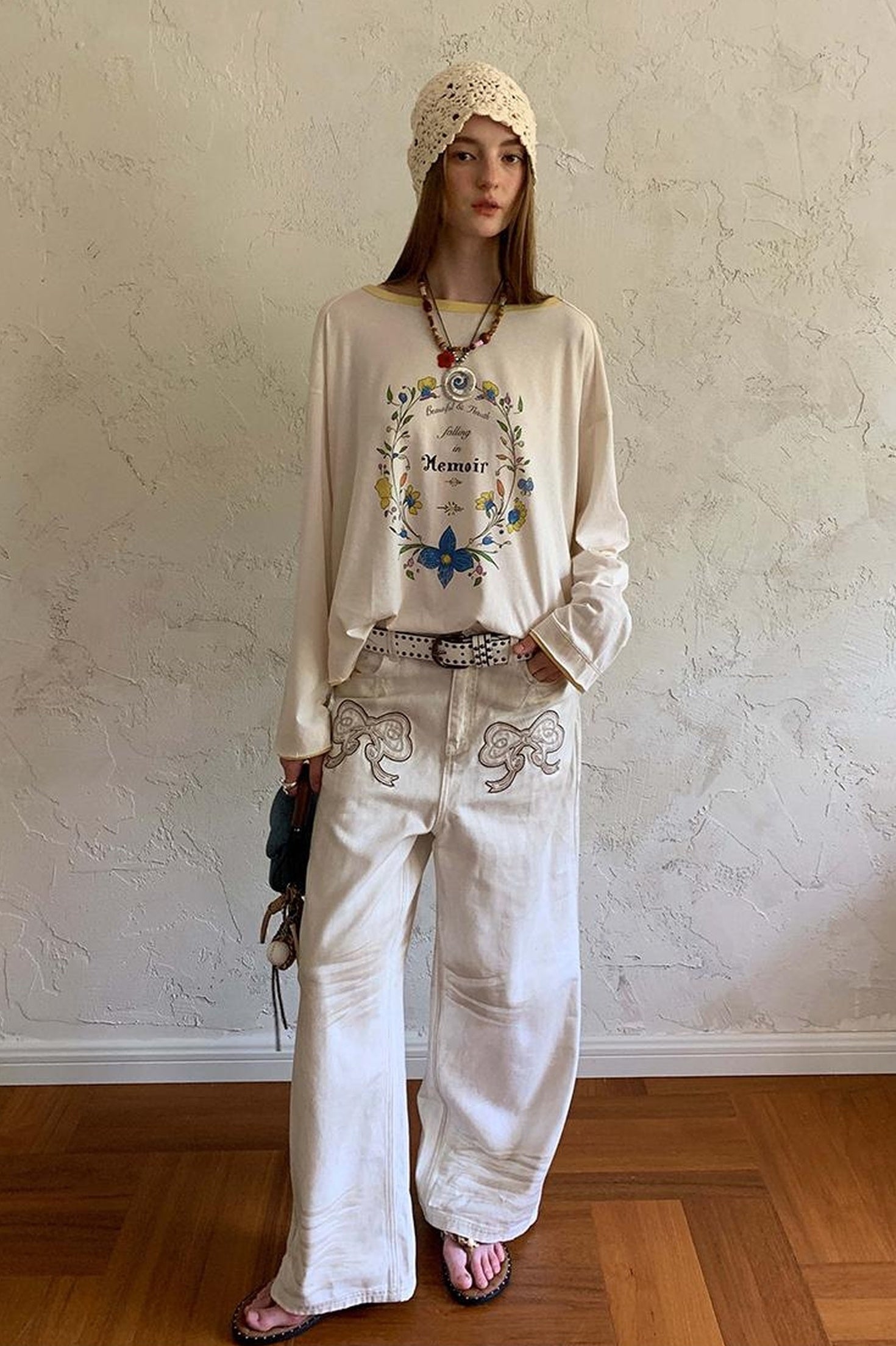 DIDDI MODA Vintage Bow Patchwork Distressed Jeans