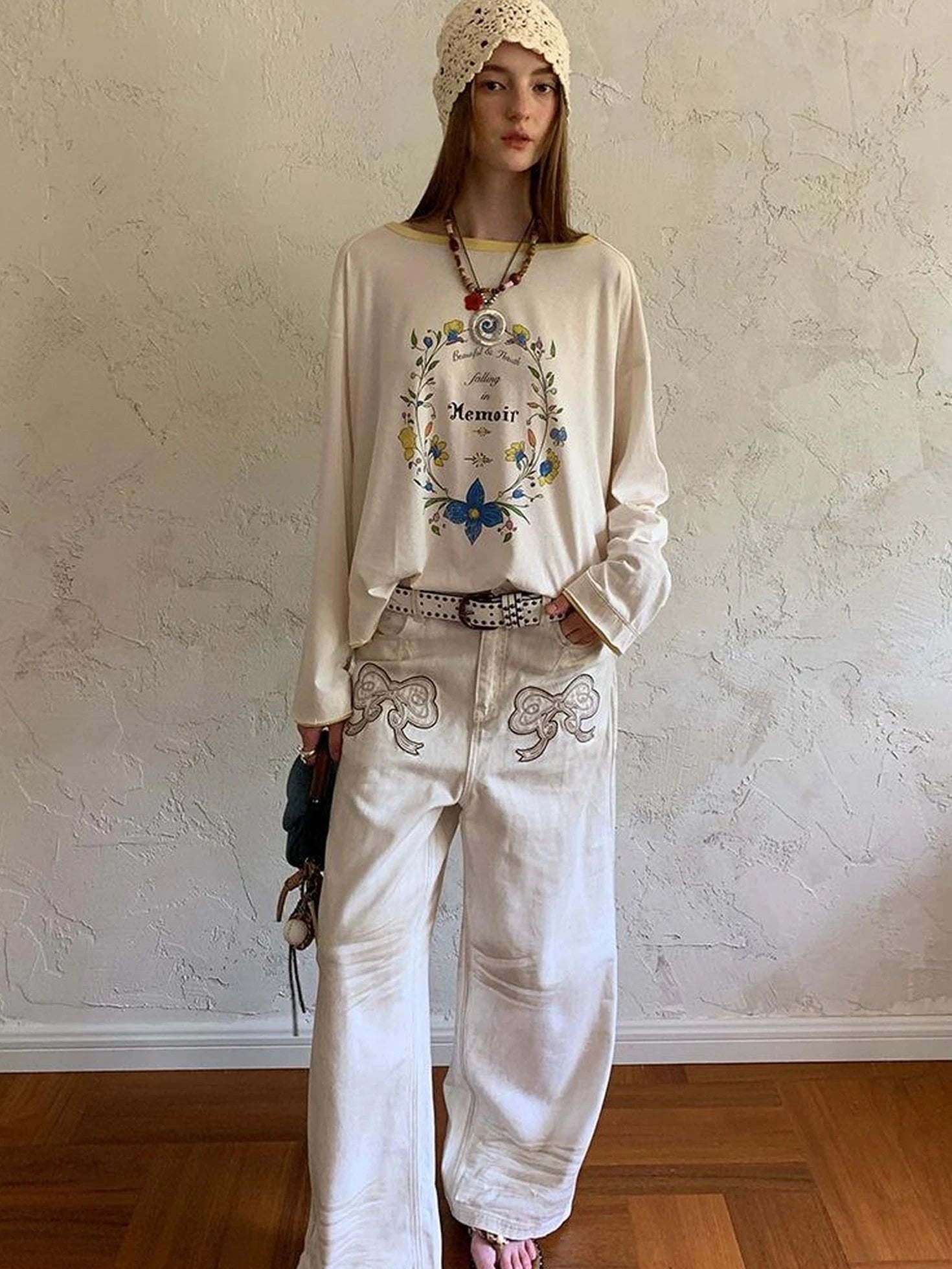 Vintage Bow Patchwork Distressed Jeans