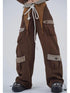 WSW WUSHENWU Vintage Brown Cargo Pants Adjustable Elastic Wide Leg Retro Style