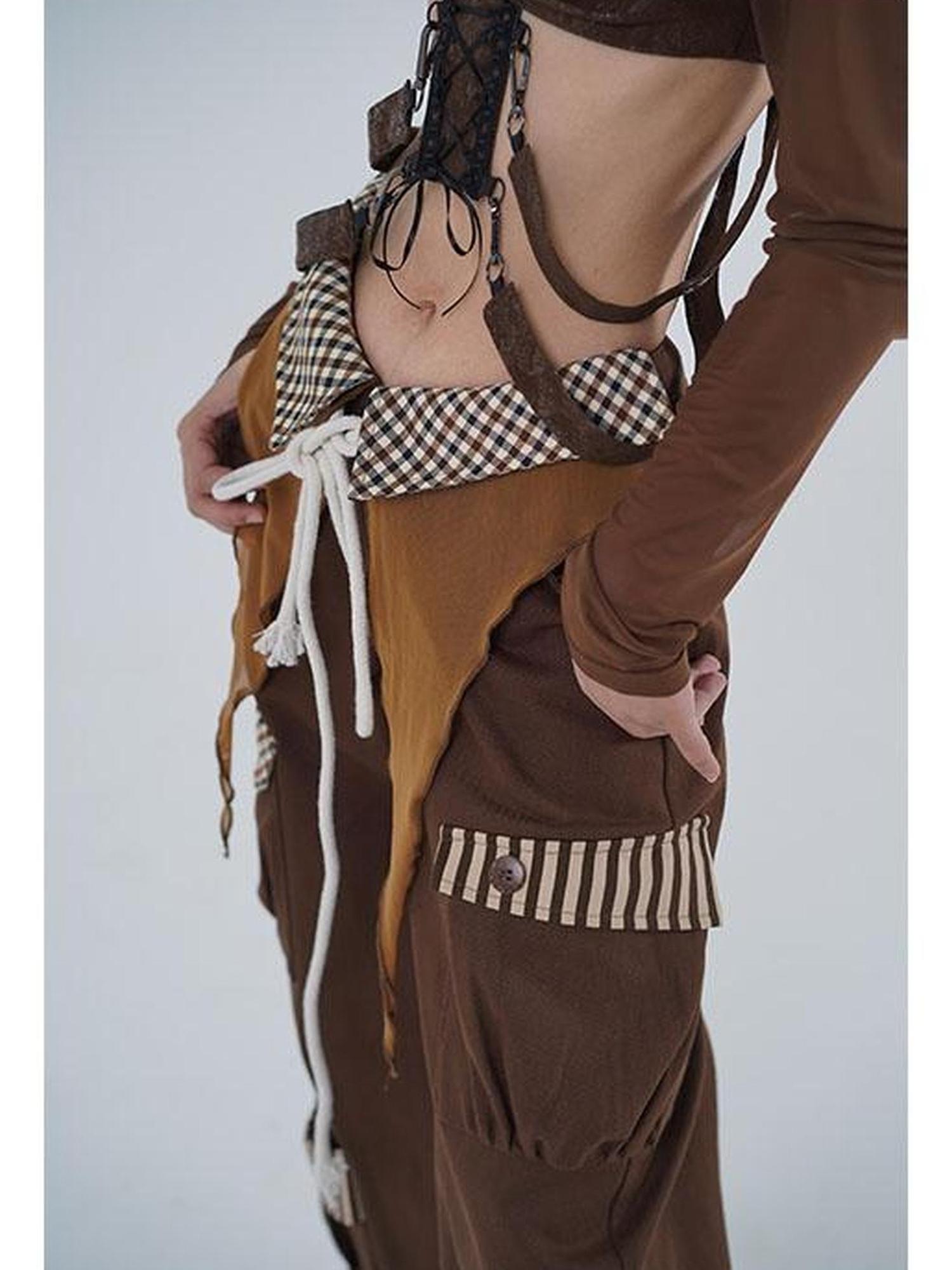 WSW WUSHENWU Vintage Brown Cargo Pants Adjustable Elastic Wide Leg Retro Style
