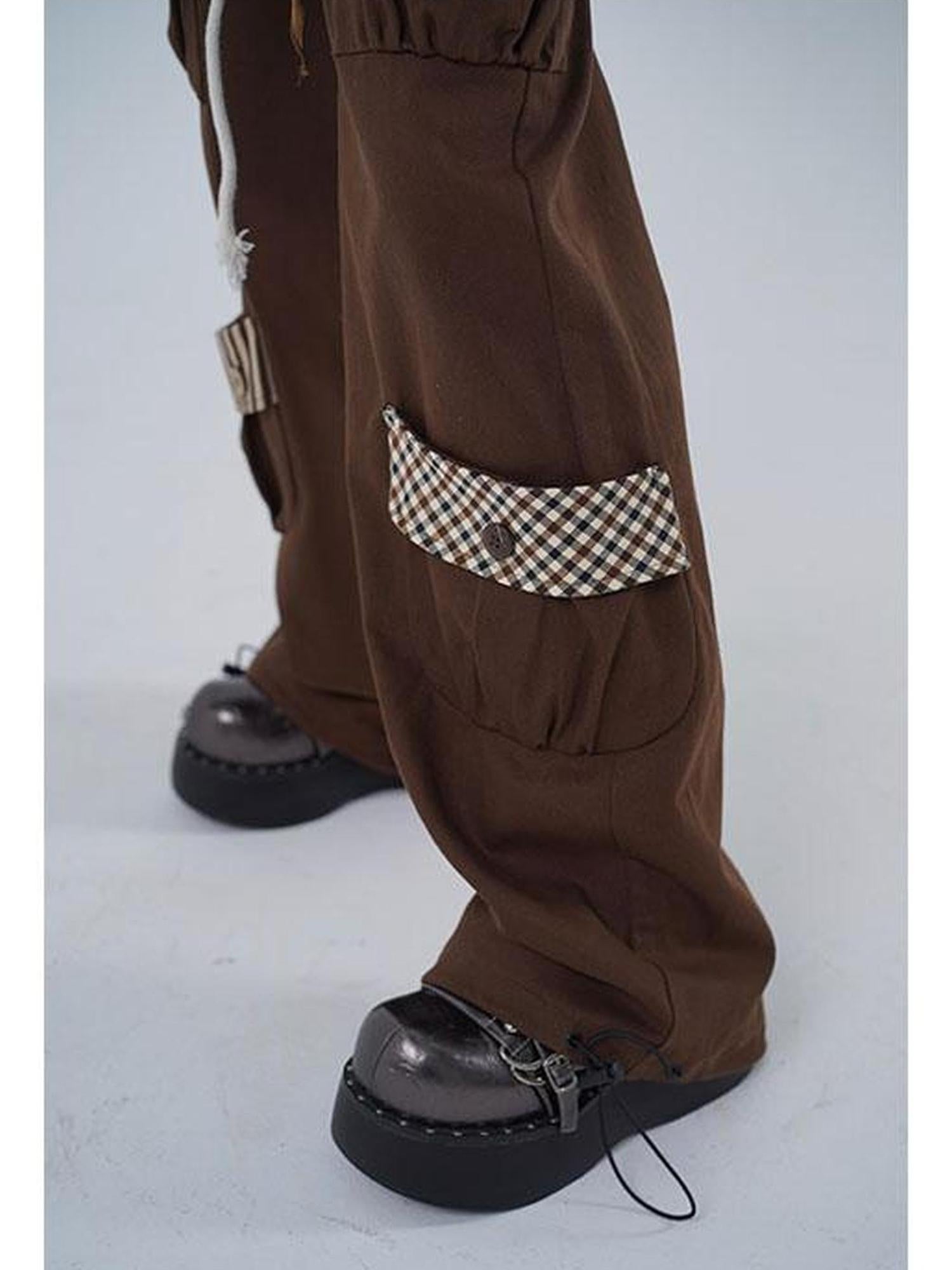 WSW WUSHENWU Vintage Brown Cargo Pants Adjustable Elastic Wide Leg Retro Style