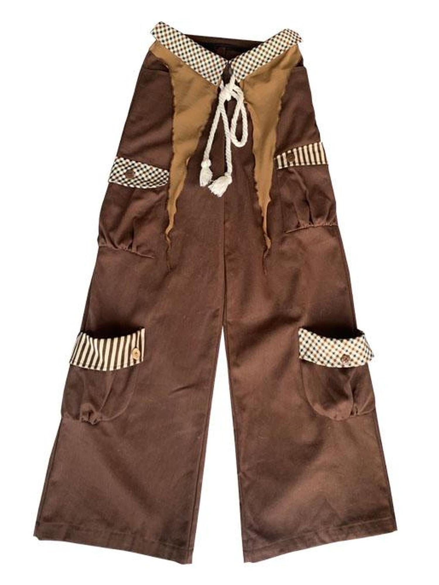 WSW WUSHENWU Vintage Brown Cargo Pants Adjustable Elastic Wide Leg Retro Style