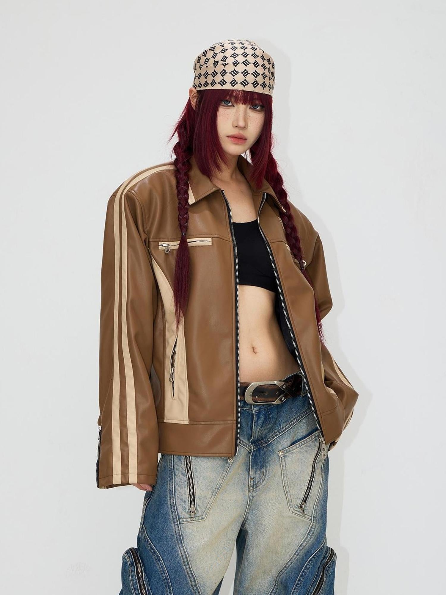 Peoplesense Vintage Brown Embroidered Motorcycle Pu Jacket Unisex Retro Fit