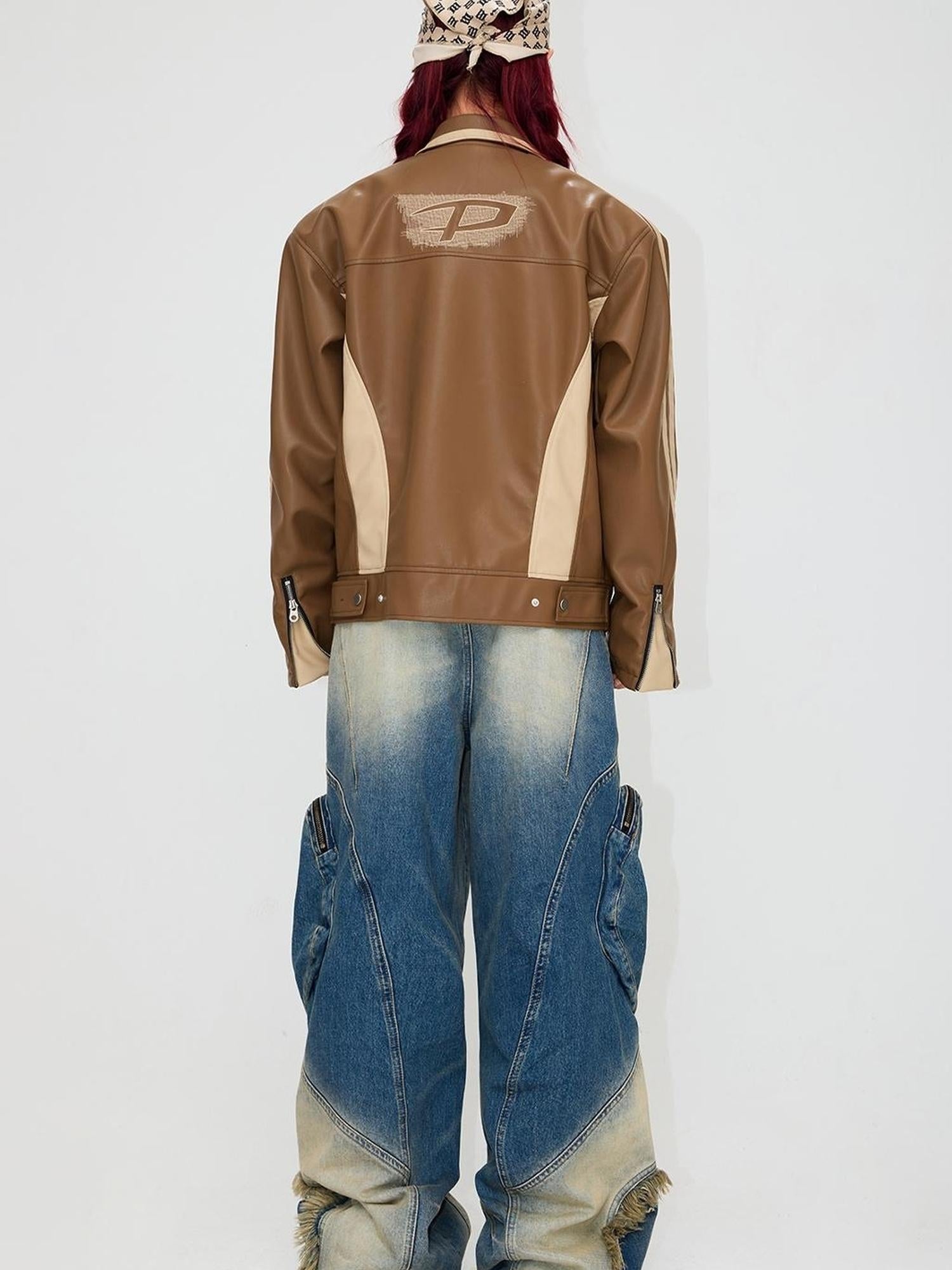 Peoplesense Vintage Brown Embroidered Motorcycle Pu Jacket Unisex Retro Fit