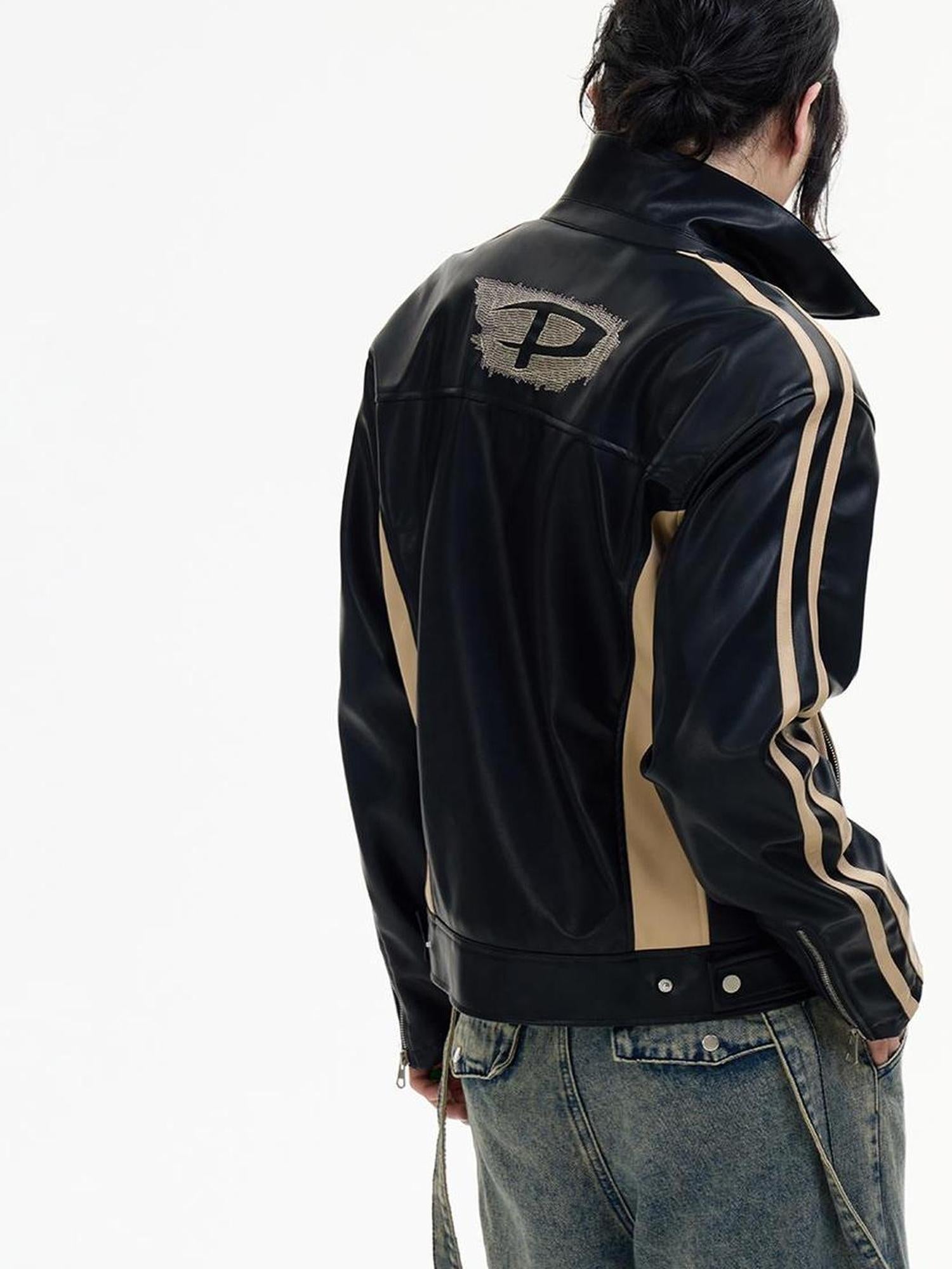Peoplesense Vintage Brown Embroidered Motorcycle Pu Jacket Unisex Retro Fit