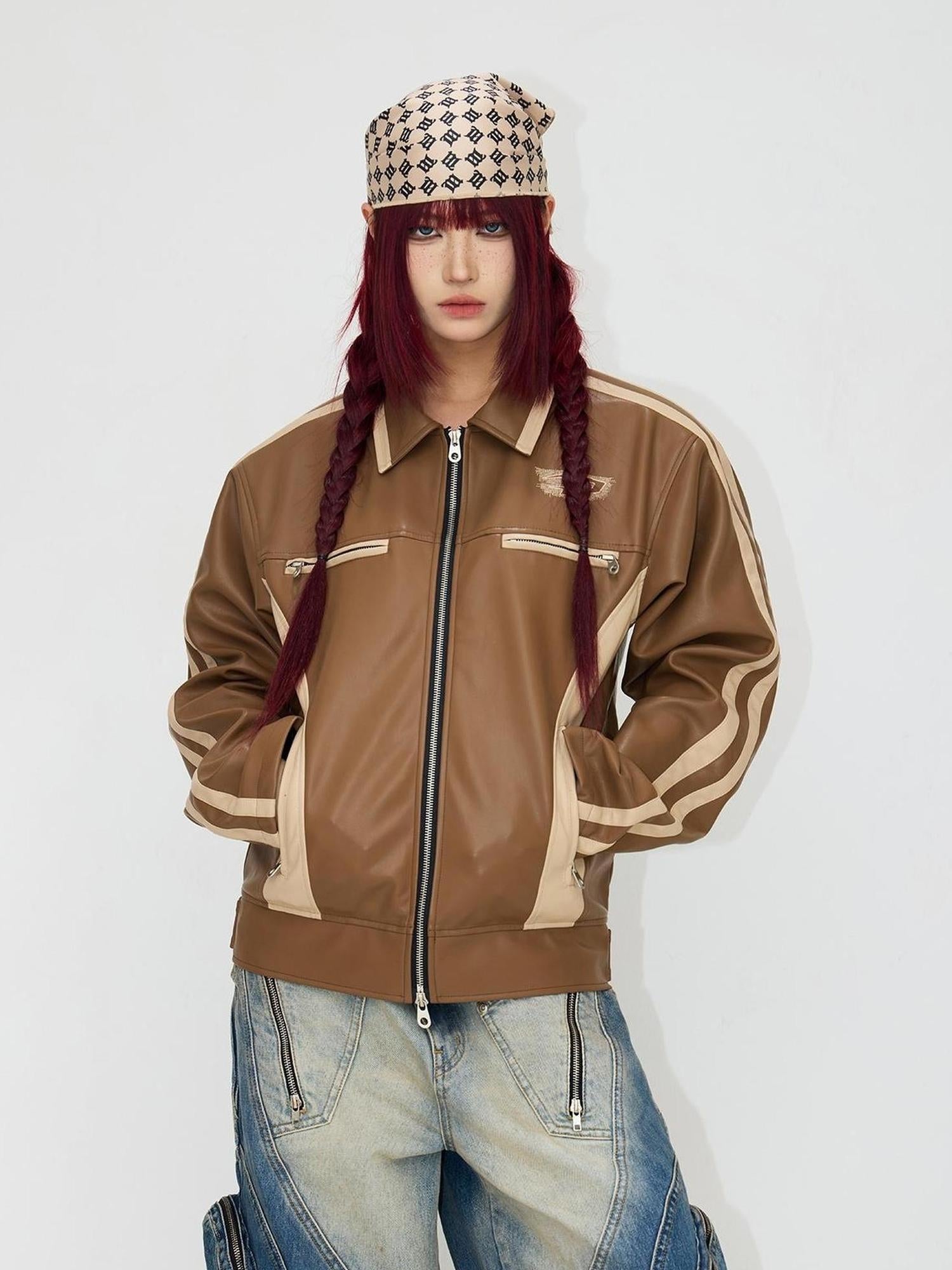 Peoplesense Vintage Brown Embroidered Motorcycle Pu Jacket Unisex Retro Fit
