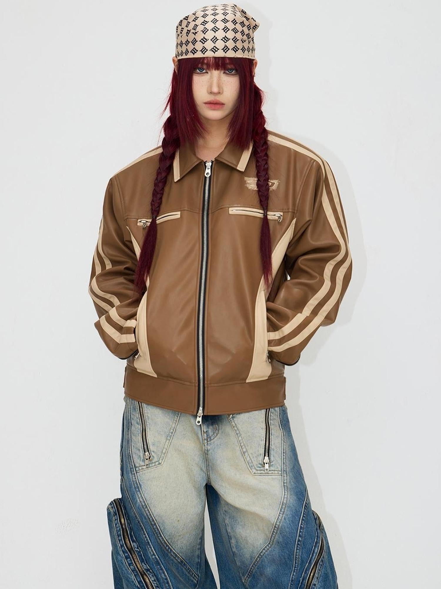 Peoplesense Vintage Brown Embroidered Motorcycle Pu Jacket Unisex Retro Fit