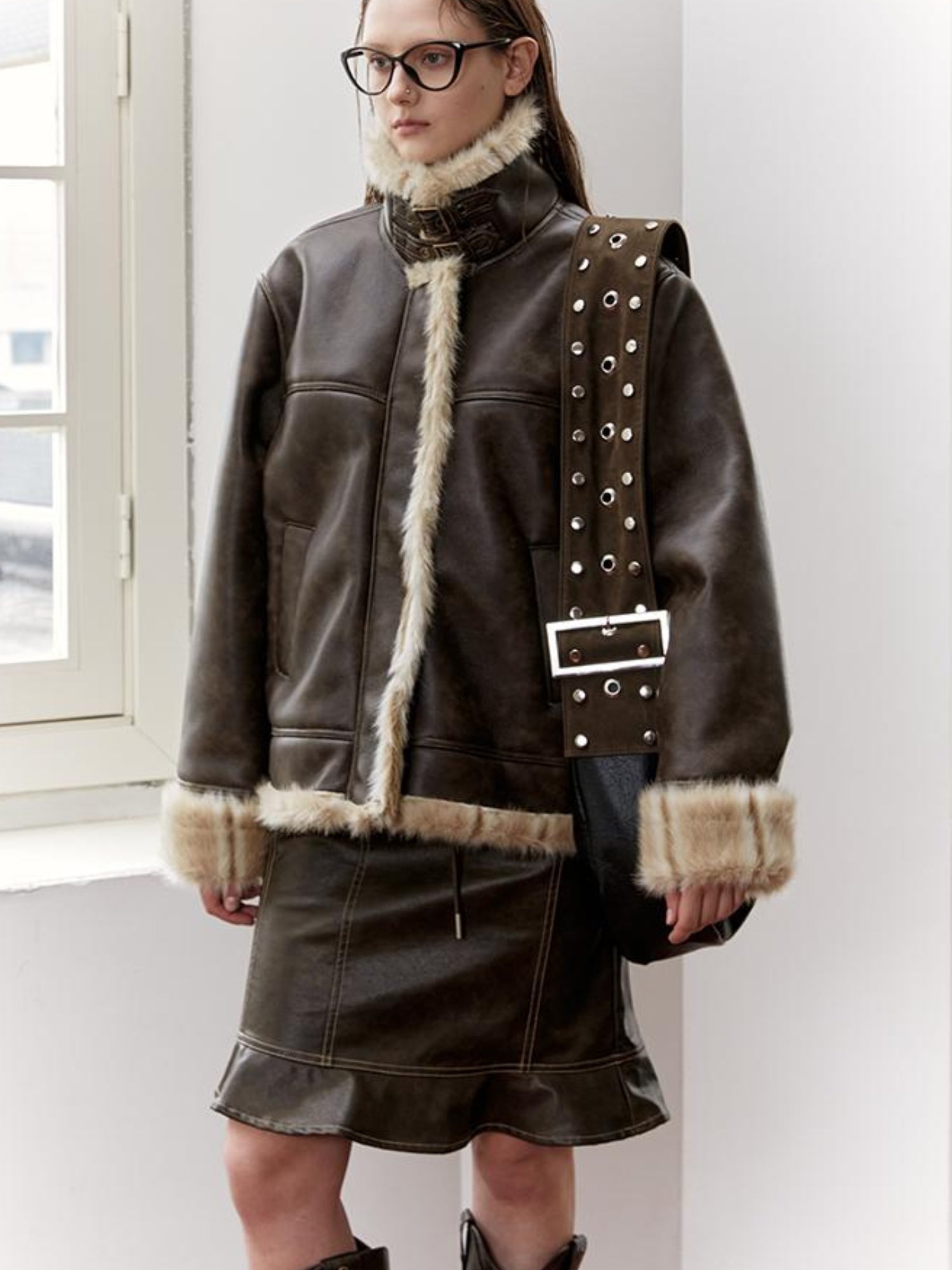 2th Desire Vintage Brown Leather Jacket Women Winter Fur Coat