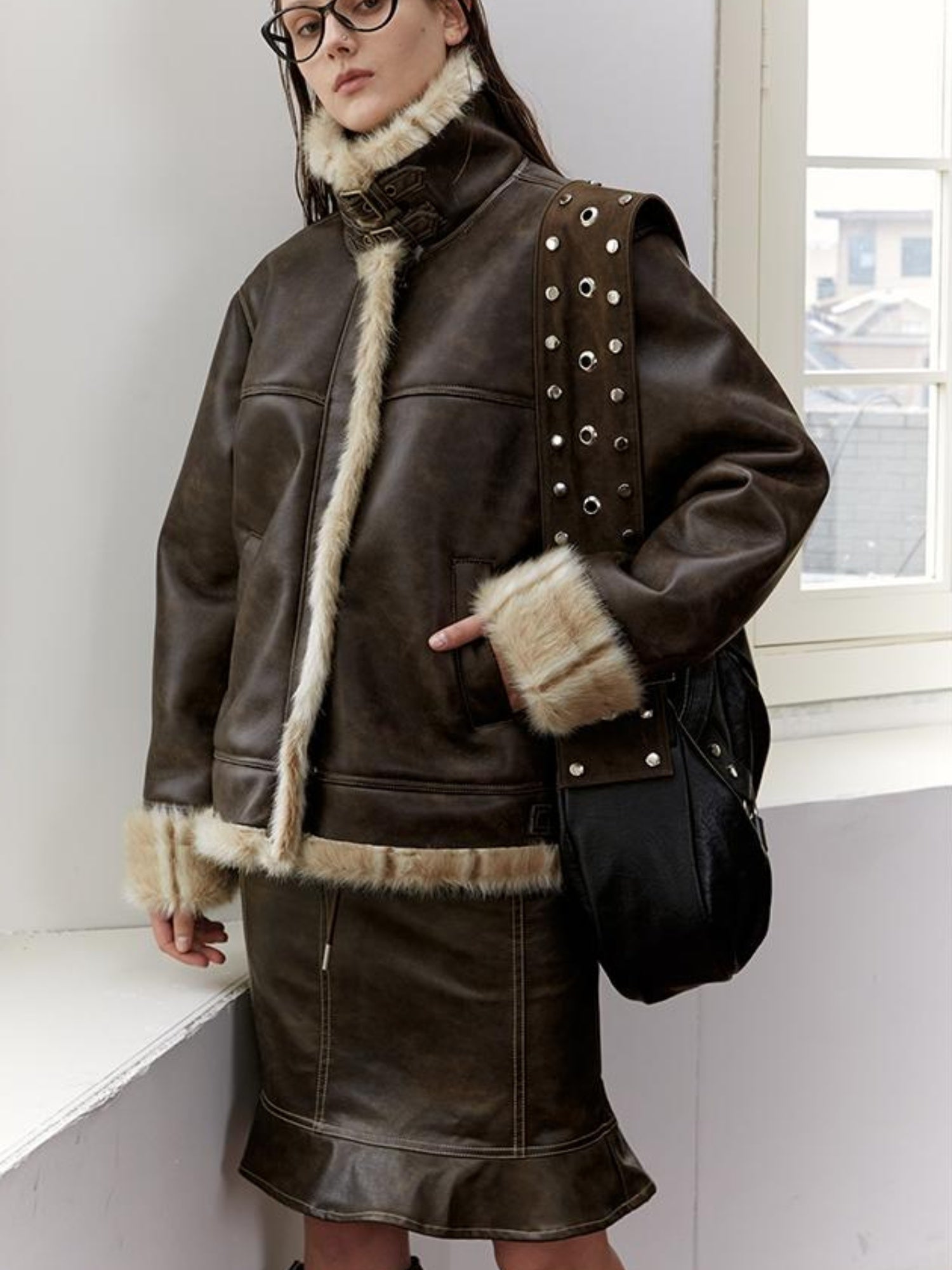 2th Desire Vintage Brown Leather Jacket Women Winter Fur Coat