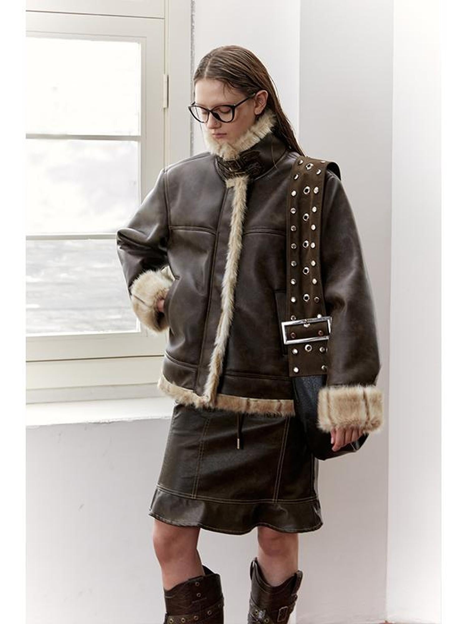 2th Desire Vintage Brown Leather Jacket Women Winter Fur Coat