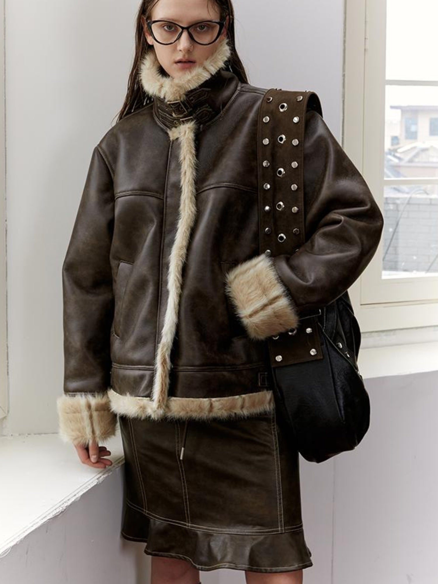 2th Desire Vintage Brown Leather Jacket Women Winter Fur Coat