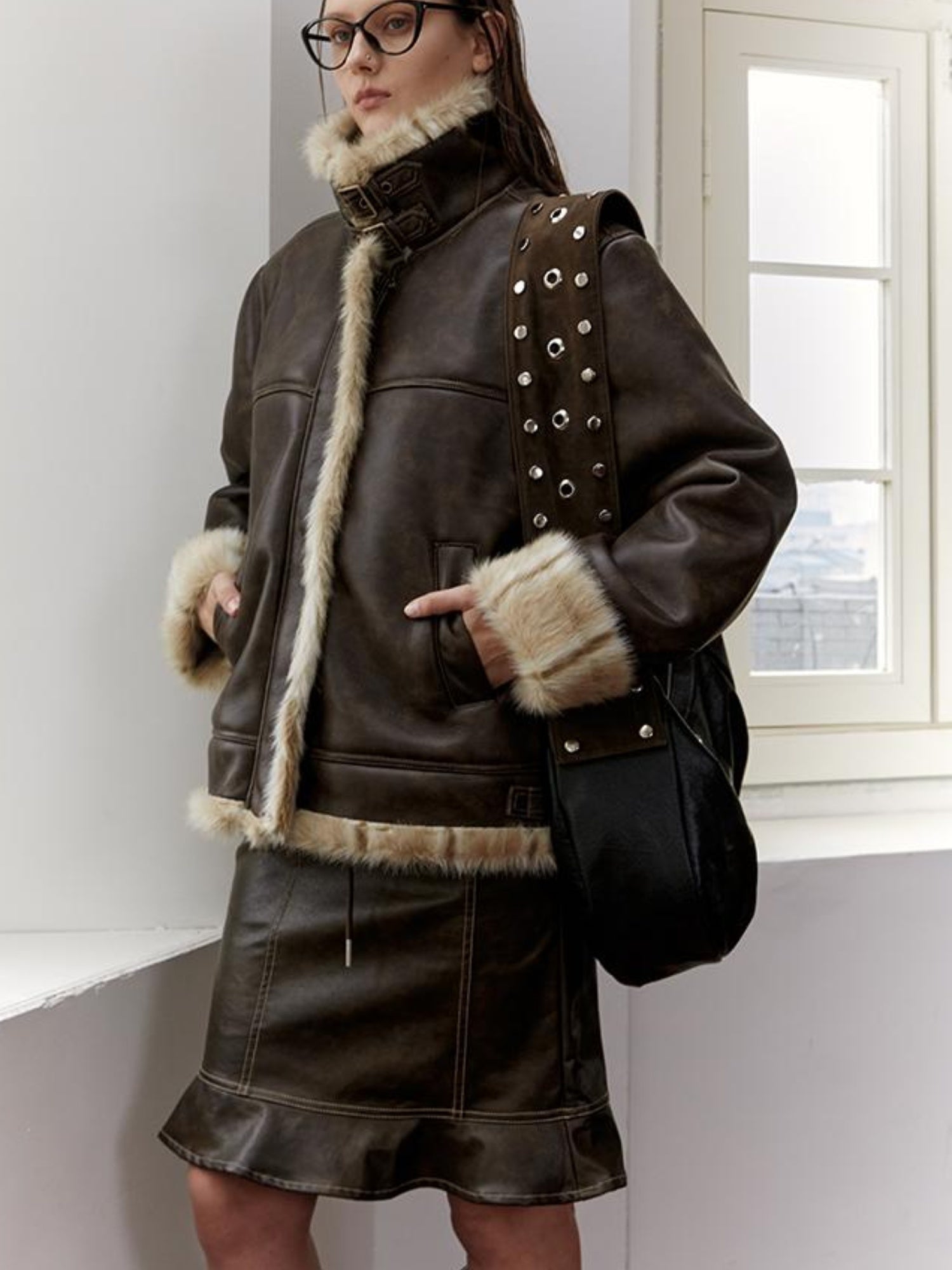 2th Desire Vintage Brown Leather Jacket Women Winter Fur Coat