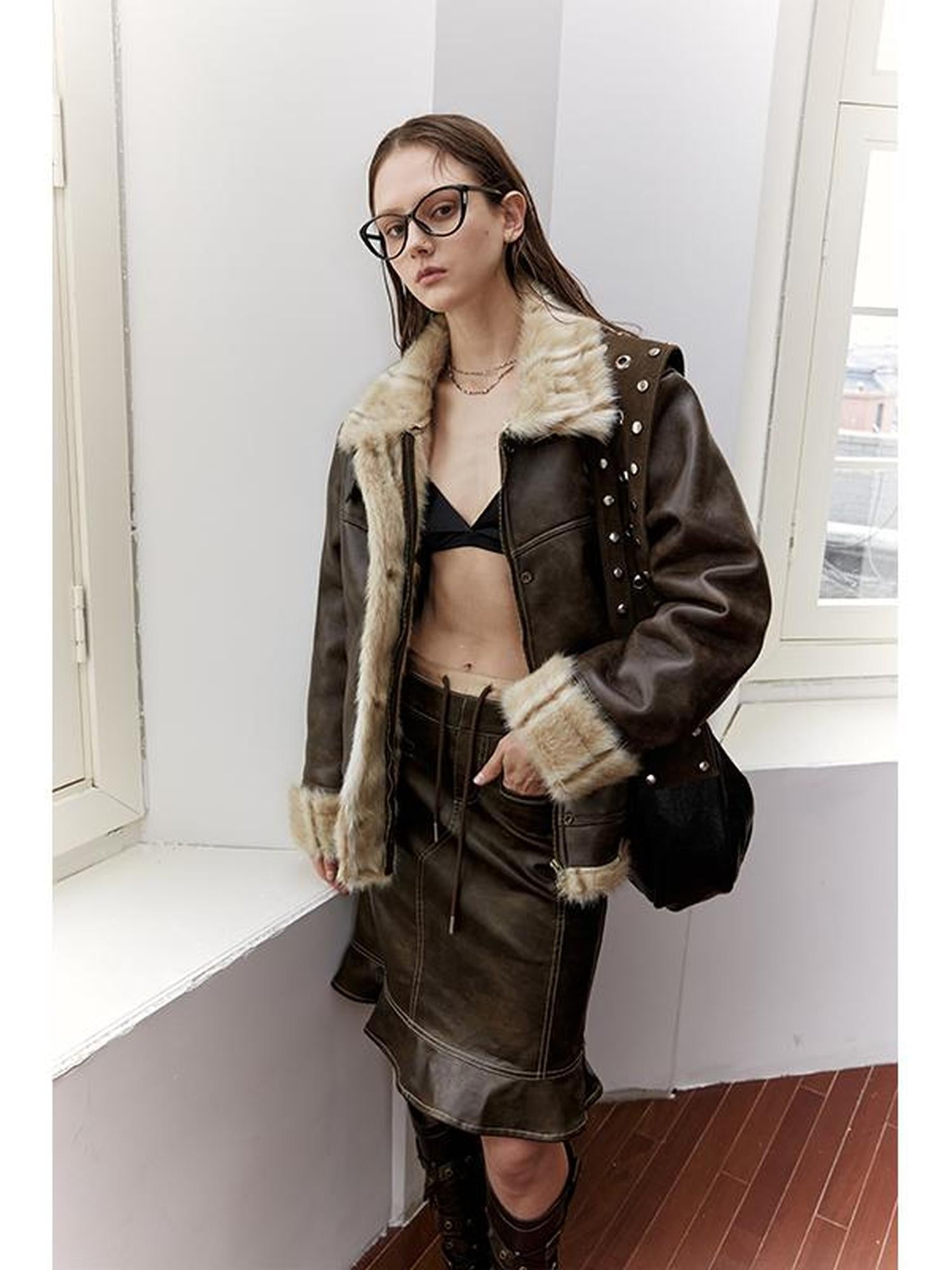 2th Desire Vintage Brown Leather Jacket Women Winter Fur Coat