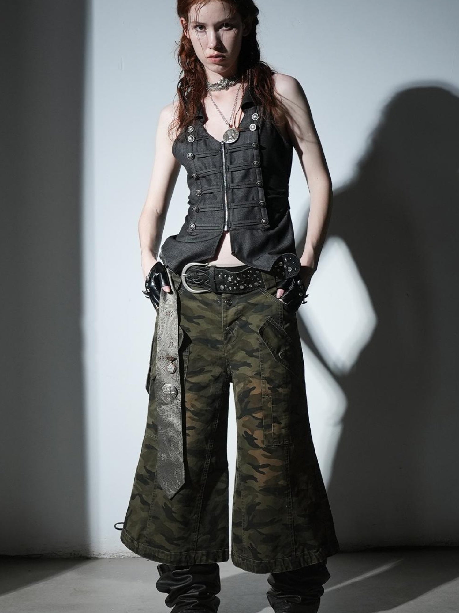 DoublePunch Vintage Camo Cargo Capri Pants Low Rise Distressed Wide Leg Trousers