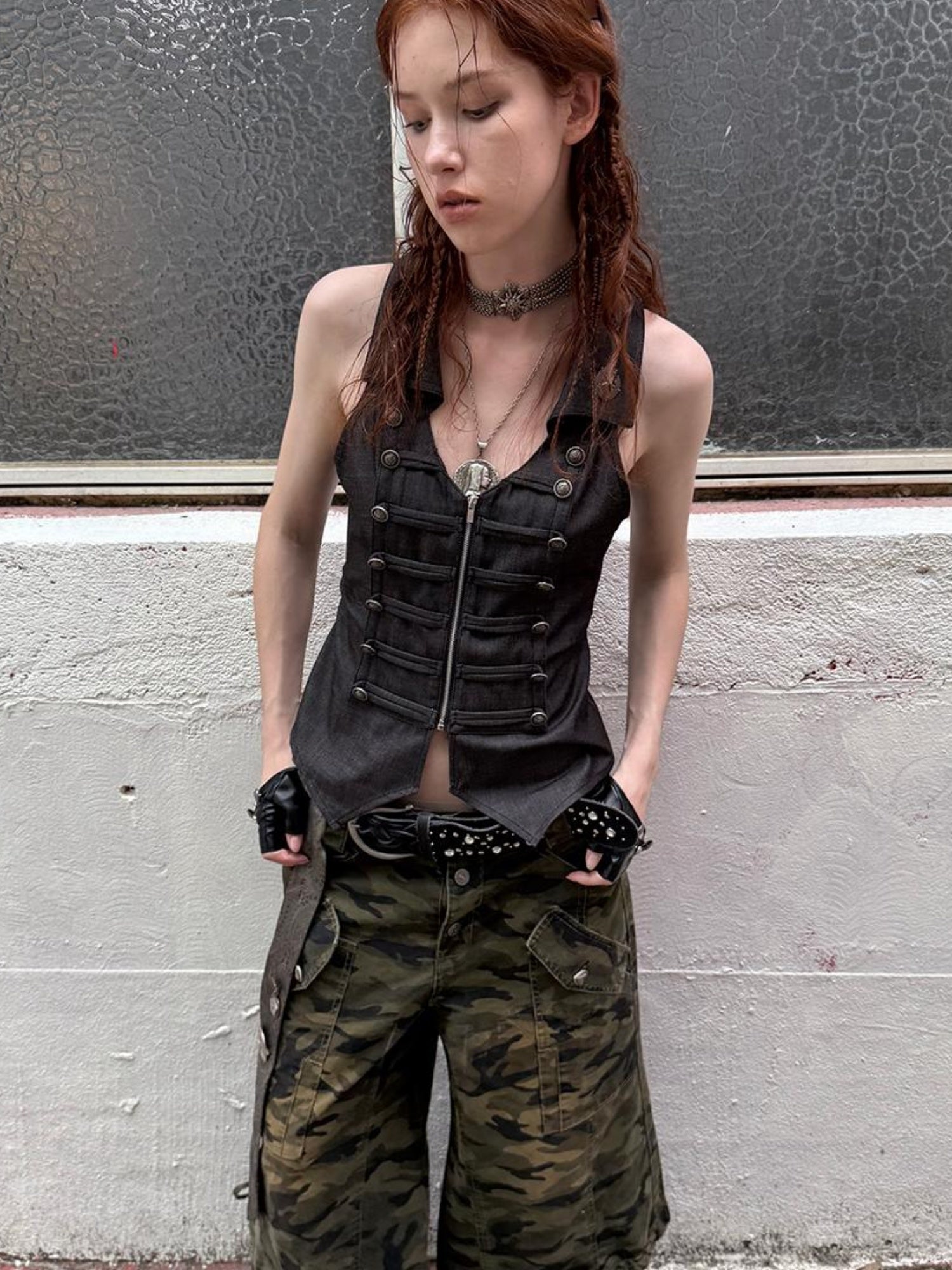 DoublePunch Vintage Camo Cargo Capri Pants Low Rise Distressed Wide Leg Trousers