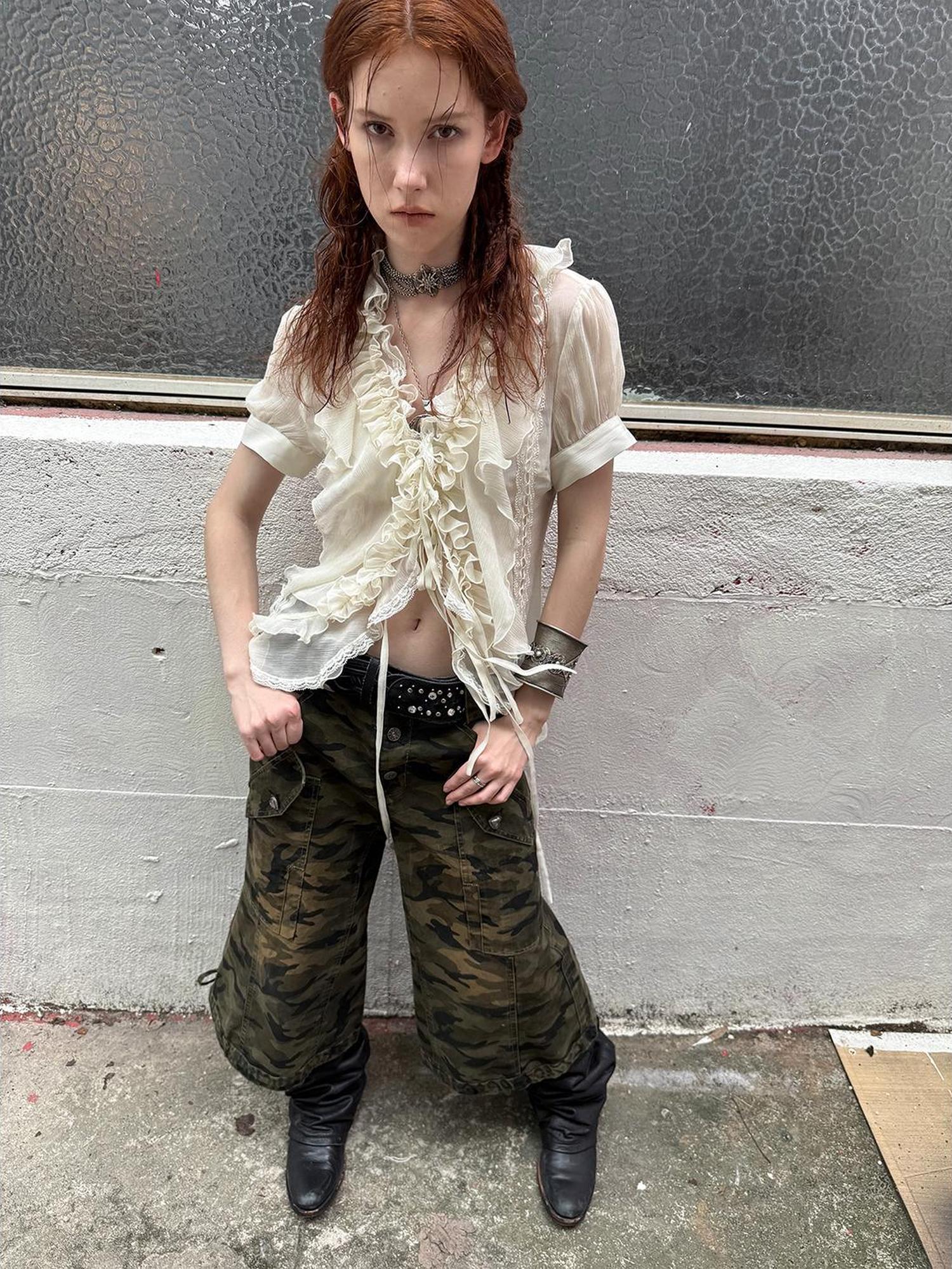 DoublePunch Vintage Camo Cargo Capri Pants Low Rise Distressed Wide Leg Trousers