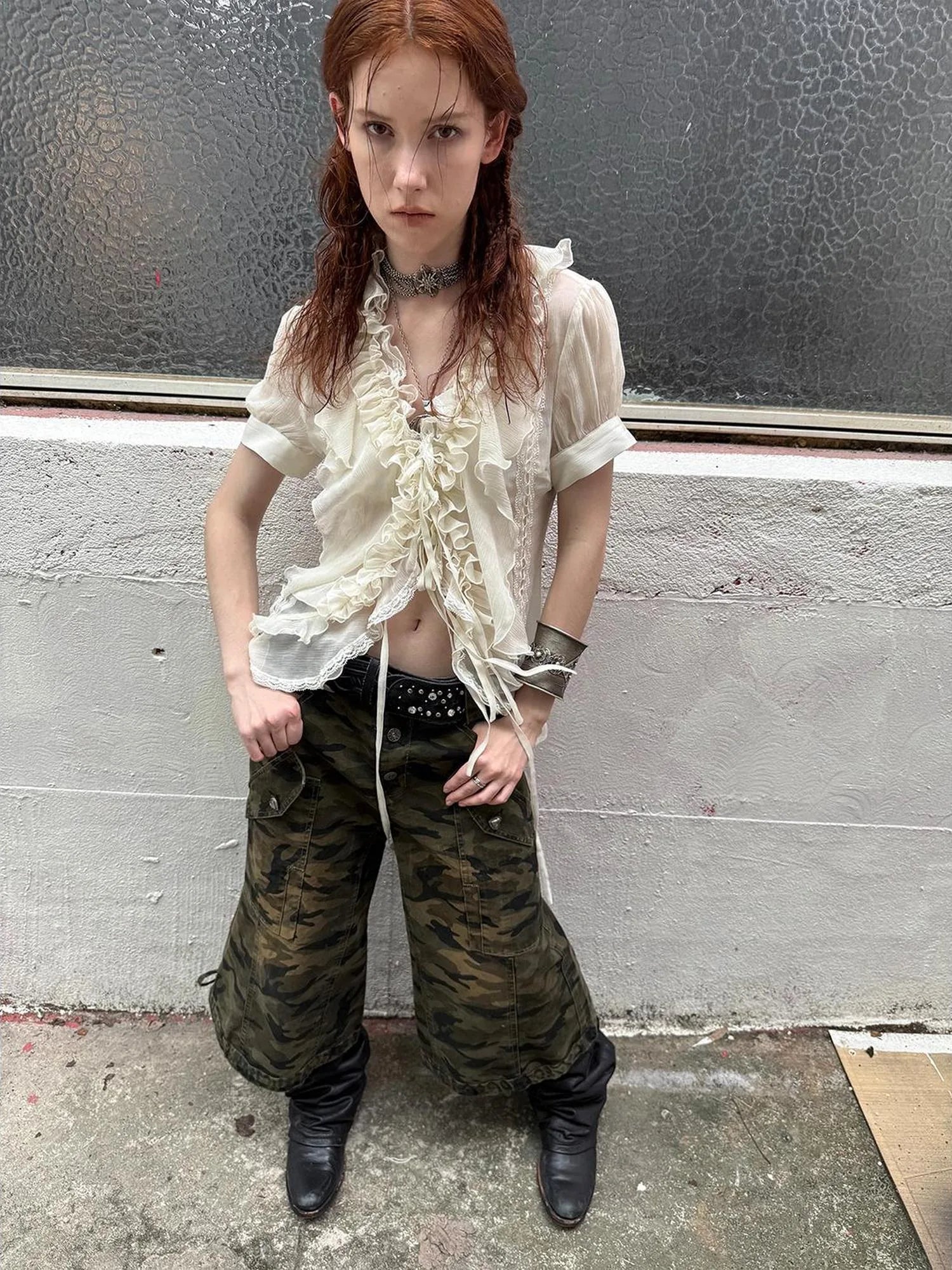 Vintage Camo Cargo Capri Pants Low Rise Distressed Wide Leg Trousers