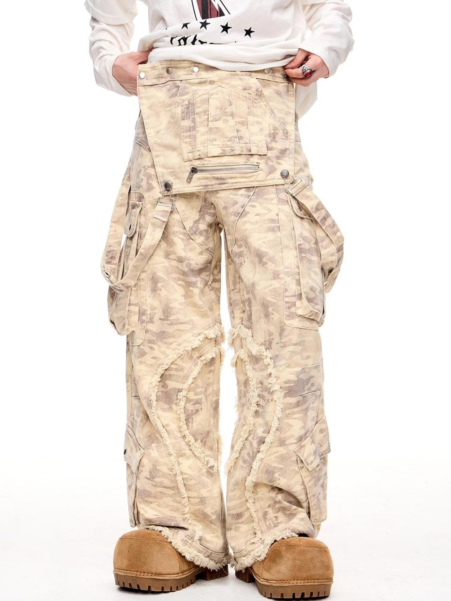 Peoplesense Vintage Camo Cargo Jumpsuit With Distressed Hem Multi Pockets