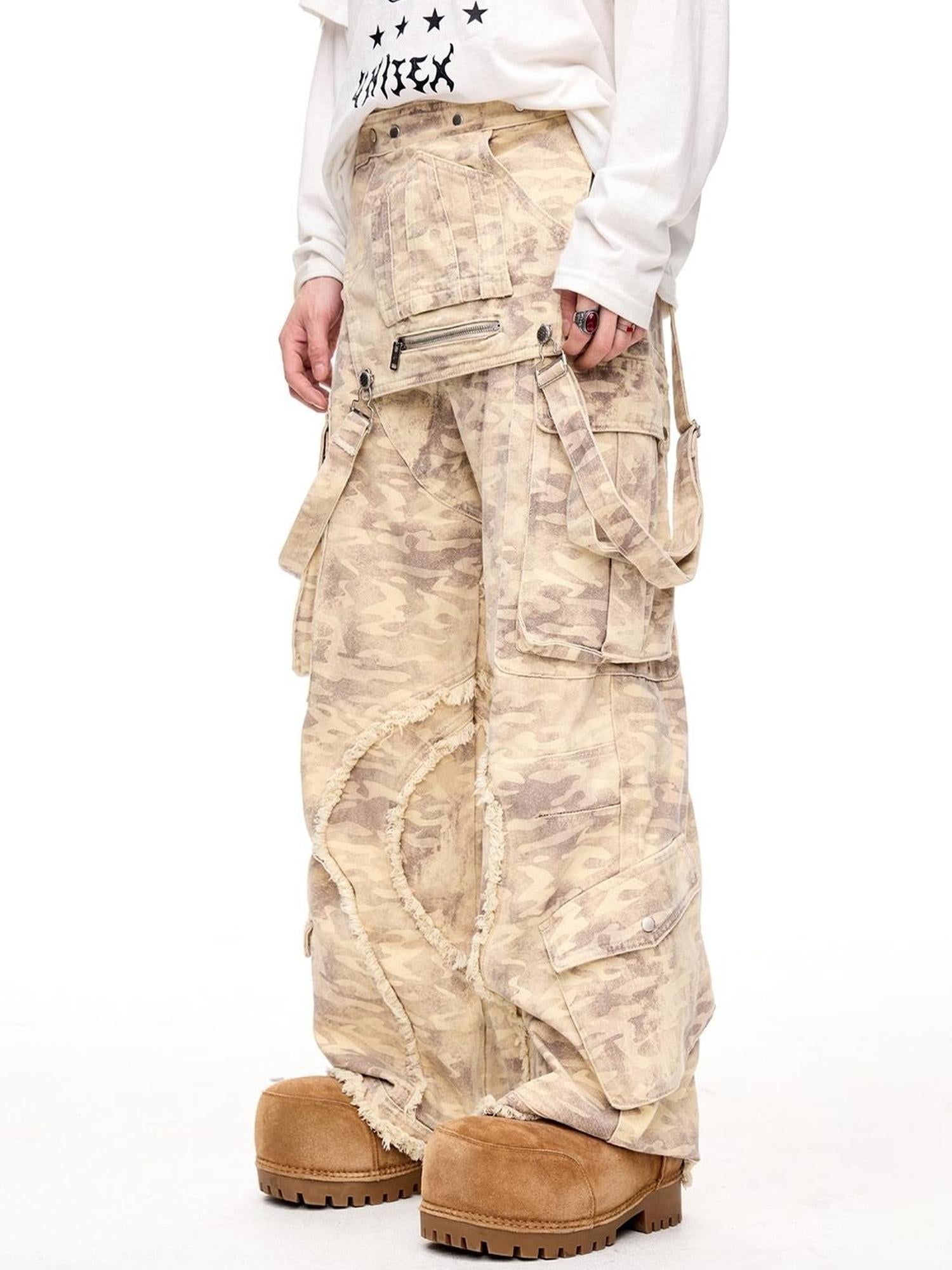 Peoplesense Vintage Camo Cargo Jumpsuit With Distressed Hem Multi Pockets