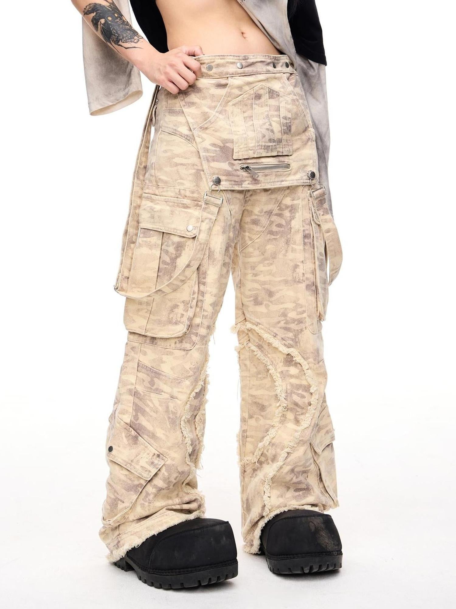 Peoplesense Vintage Camo Cargo Jumpsuit With Distressed Hem Multi Pockets