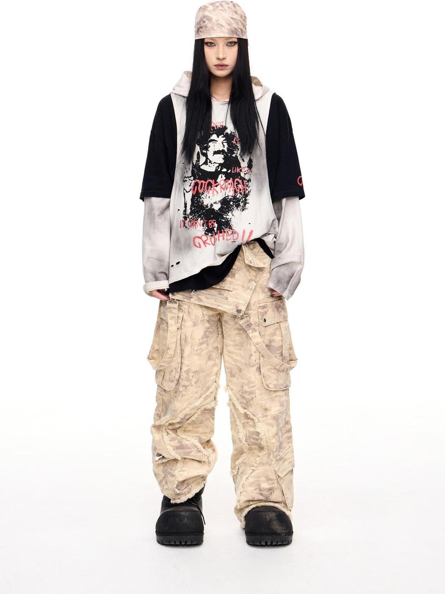 Peoplesense Vintage Camo Cargo Jumpsuit With Distressed Hem Multi Pockets