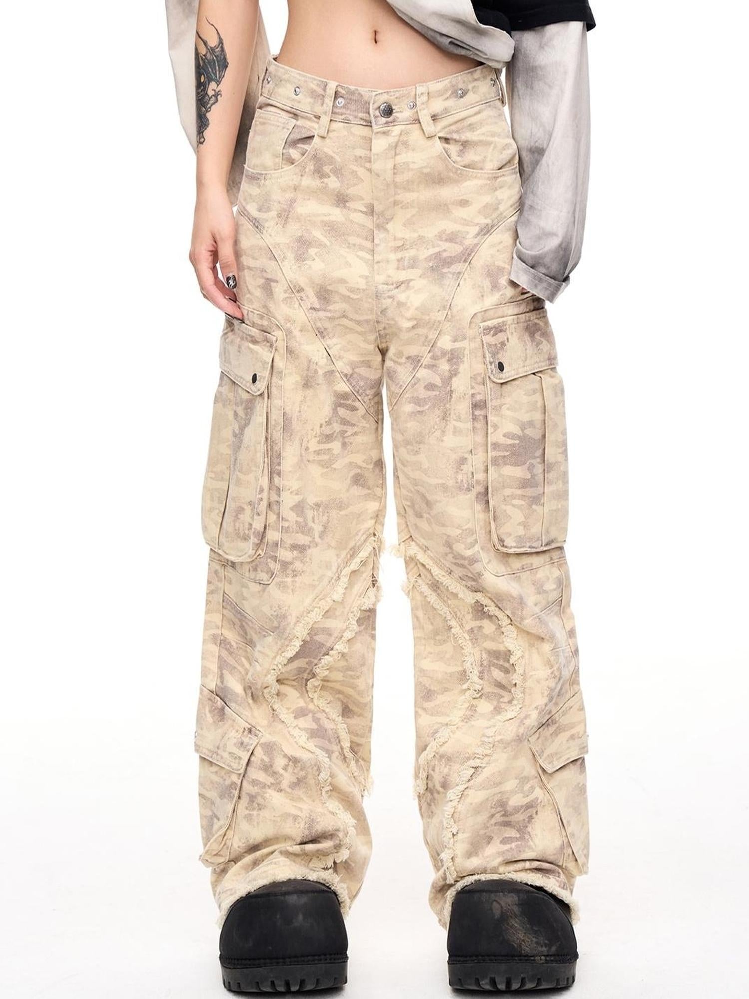 Peoplesense Vintage Camo Cargo Jumpsuit With Distressed Hem Multi Pockets