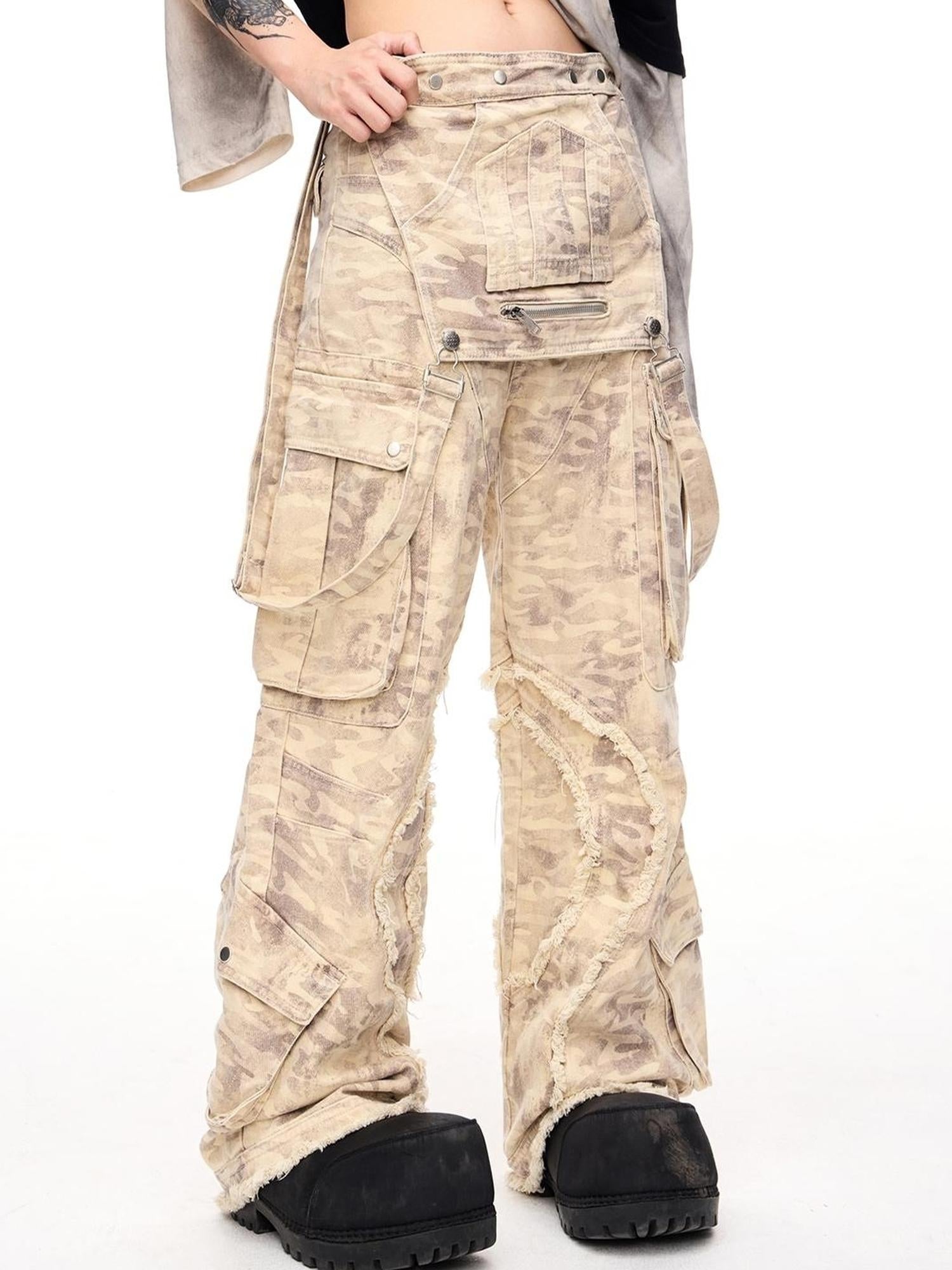 Peoplesense Vintage Camo Cargo Jumpsuit With Distressed Hem Multi Pockets