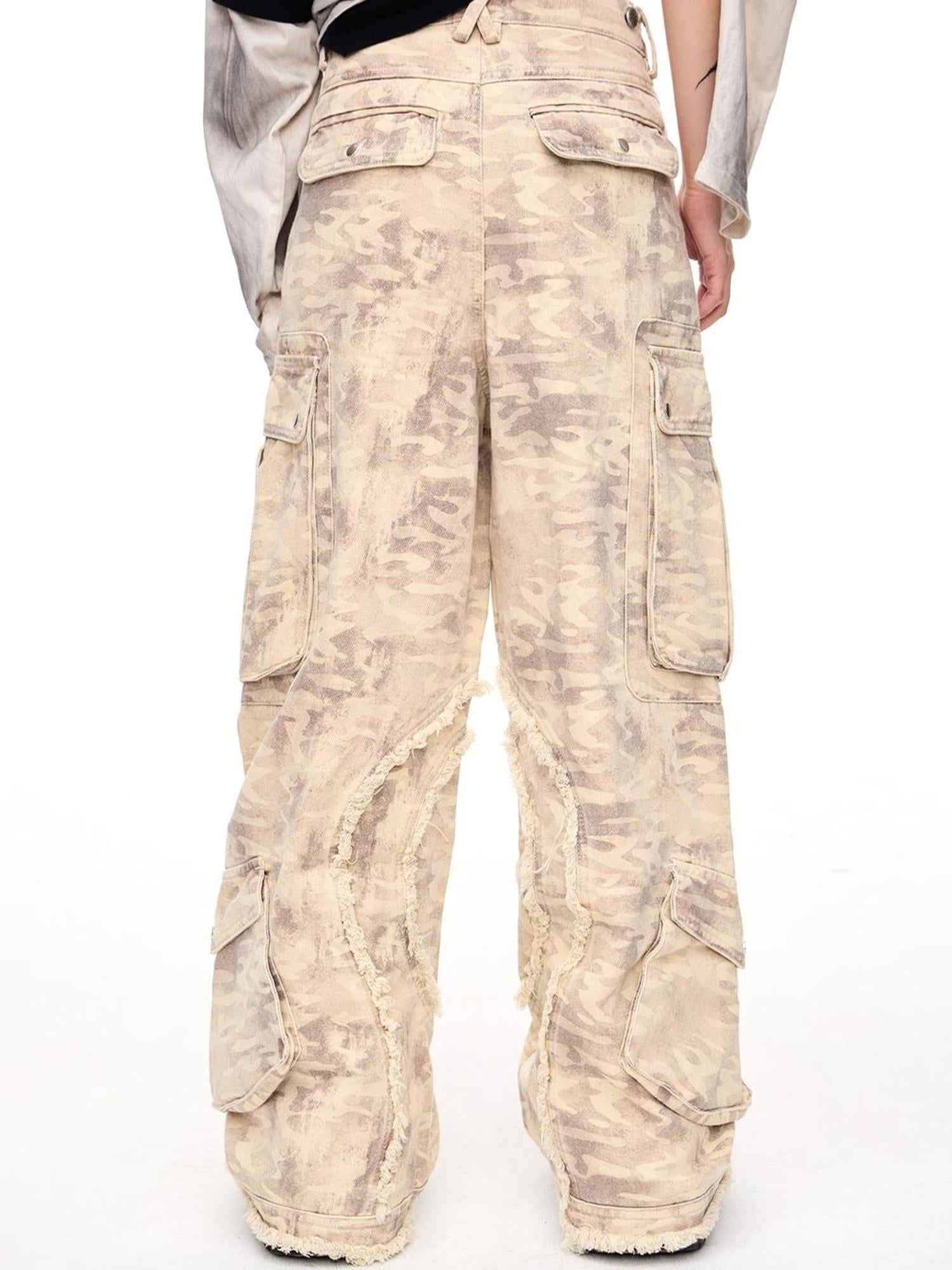 Peoplesense Vintage Camo Cargo Jumpsuit With Distressed Hem Multi Pockets
