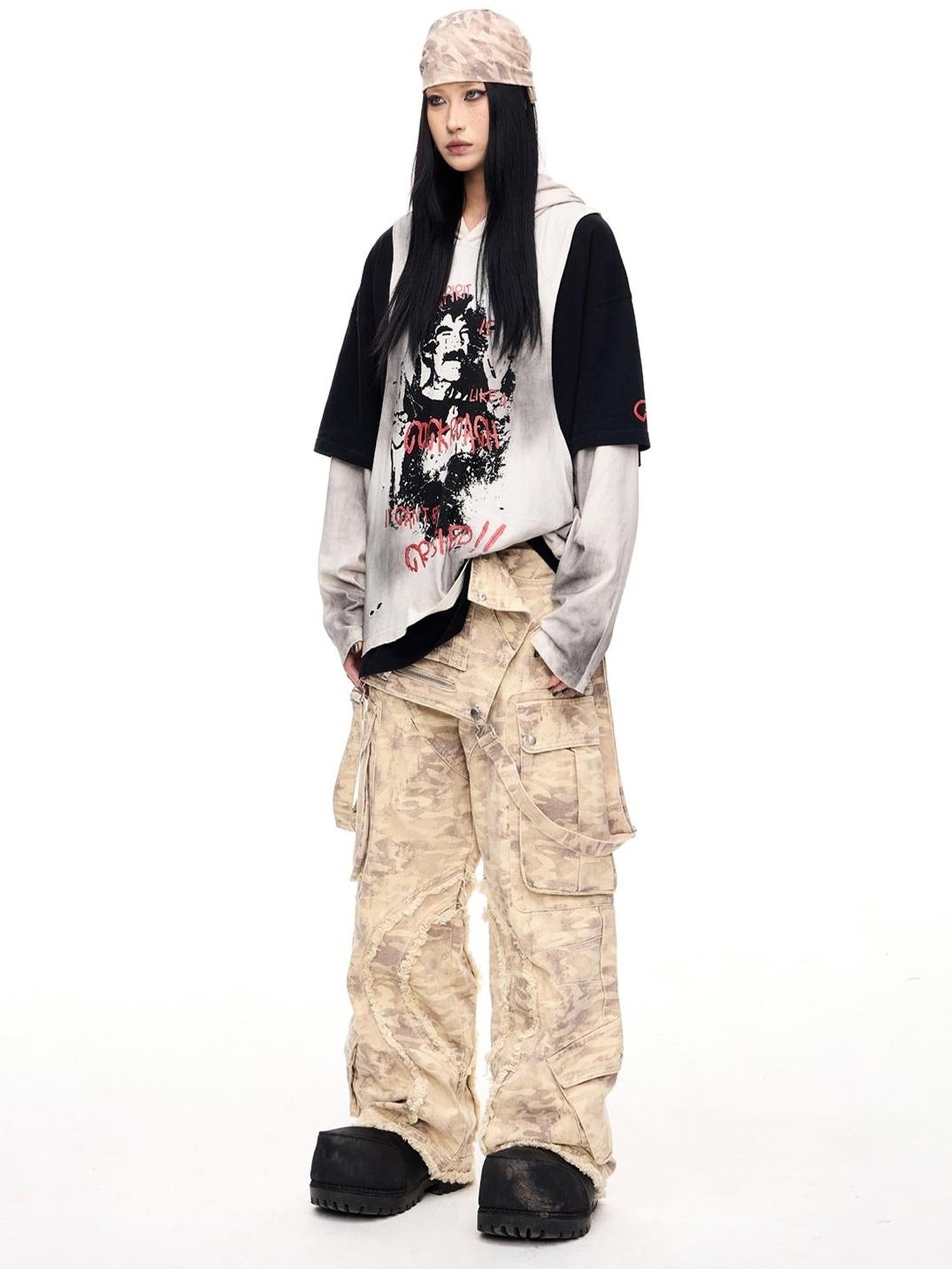 Peoplesense Vintage Camo Cargo Jumpsuit With Distressed Hem Multi Pockets