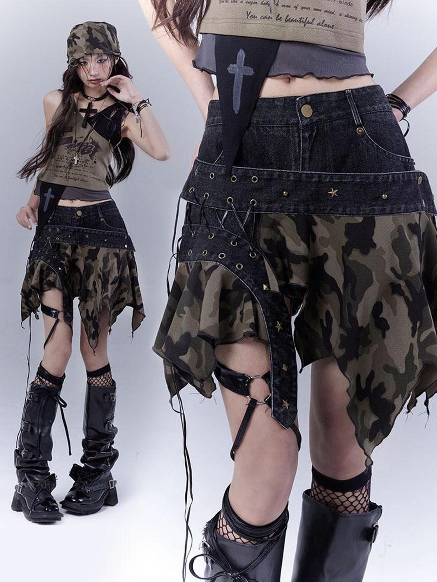 WSW WUSHENWU Vintage Camo Punk Tie Detail Denim Culottes