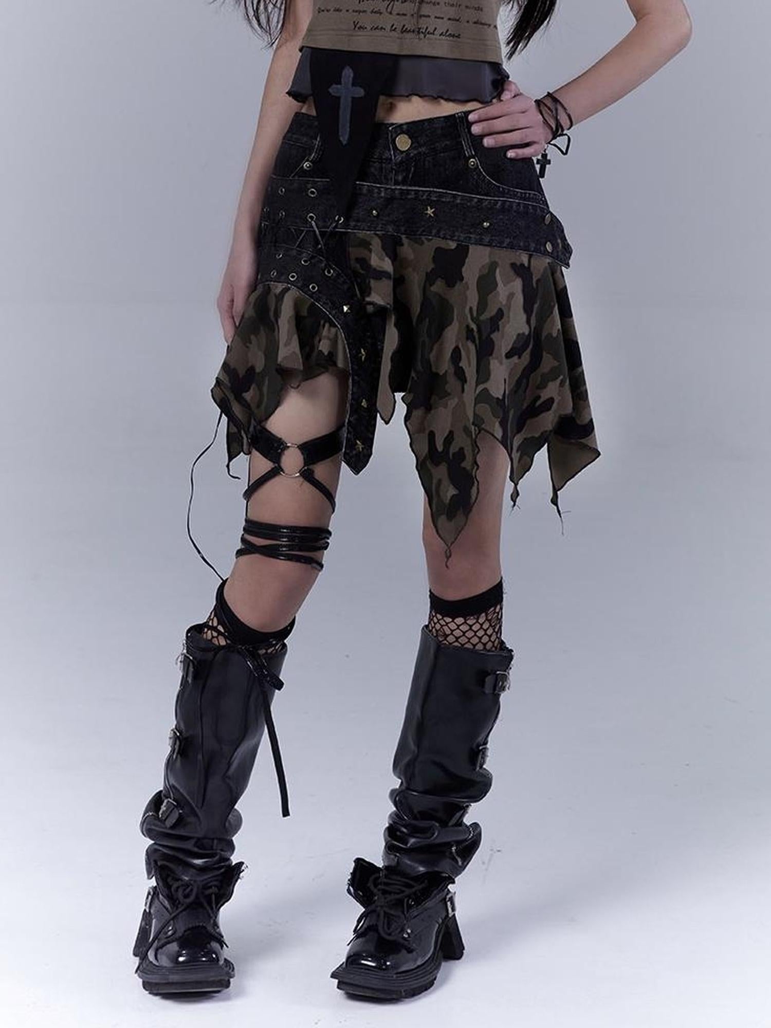 WSW WUSHENWU Vintage Camo Punk Tie Detail Denim Culottes