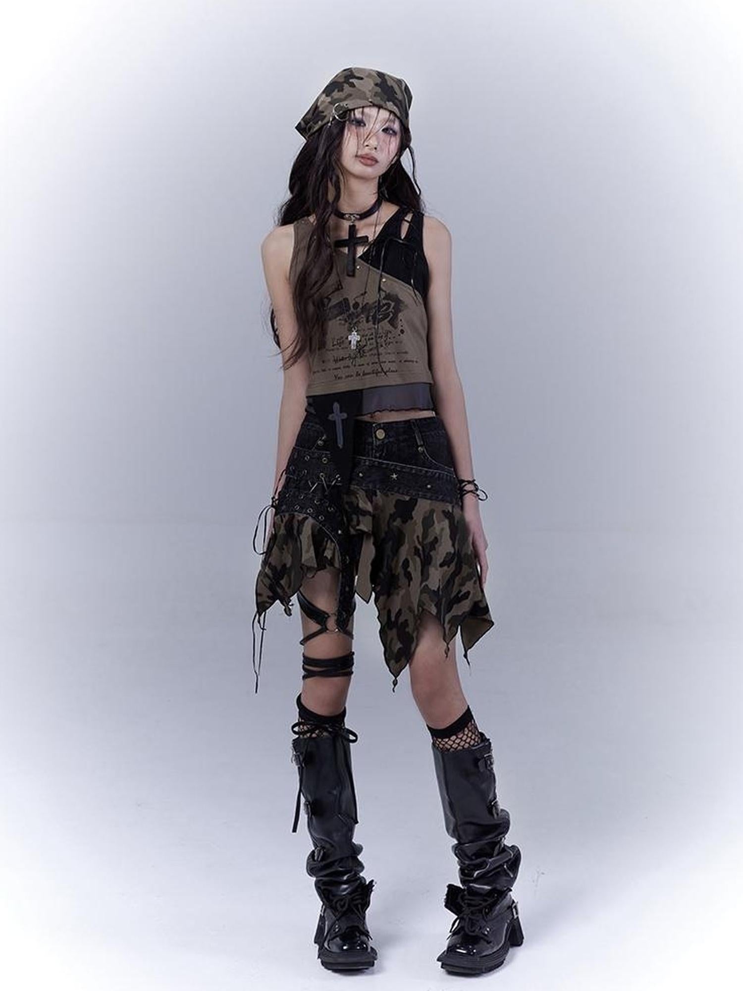 WSW WUSHENWU Vintage Camo Punk Tie Detail Denim Culottes