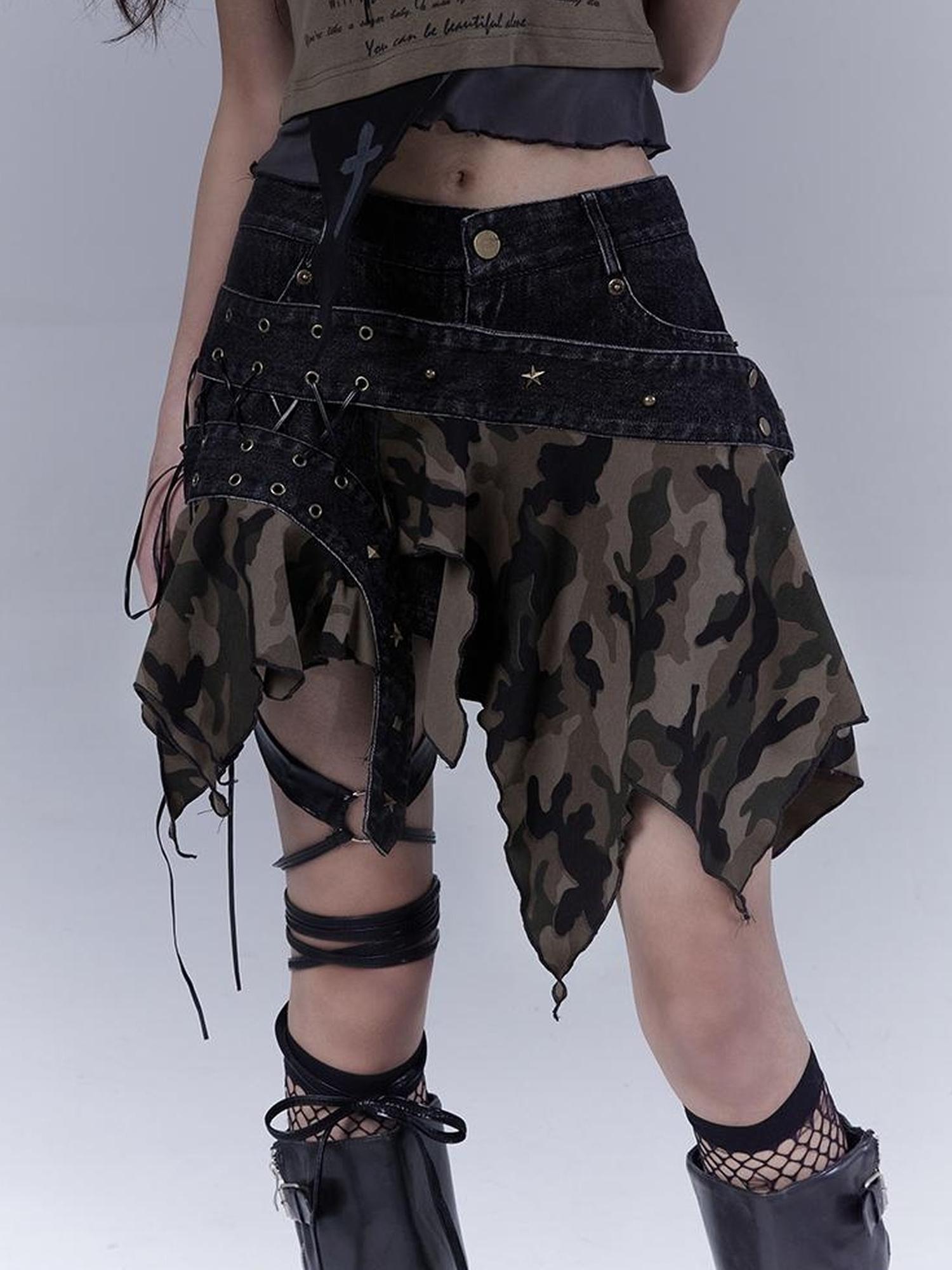 WSW WUSHENWU Vintage Camo Punk Tie Detail Denim Culottes