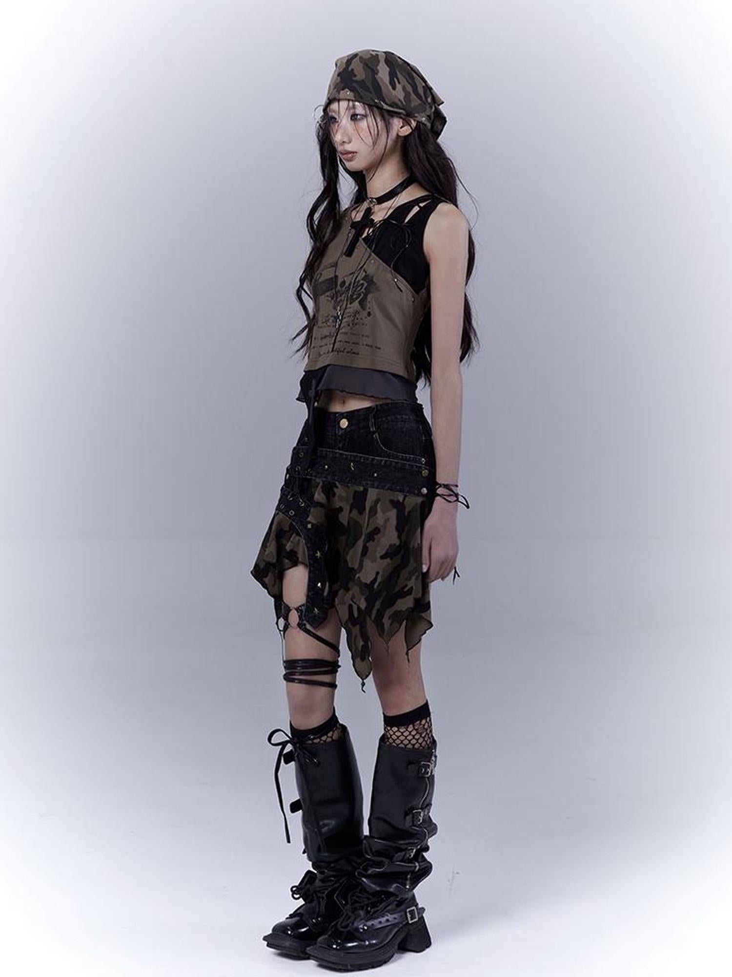 WSW WUSHENWU Vintage Camo Punk Tie Detail Denim Culottes