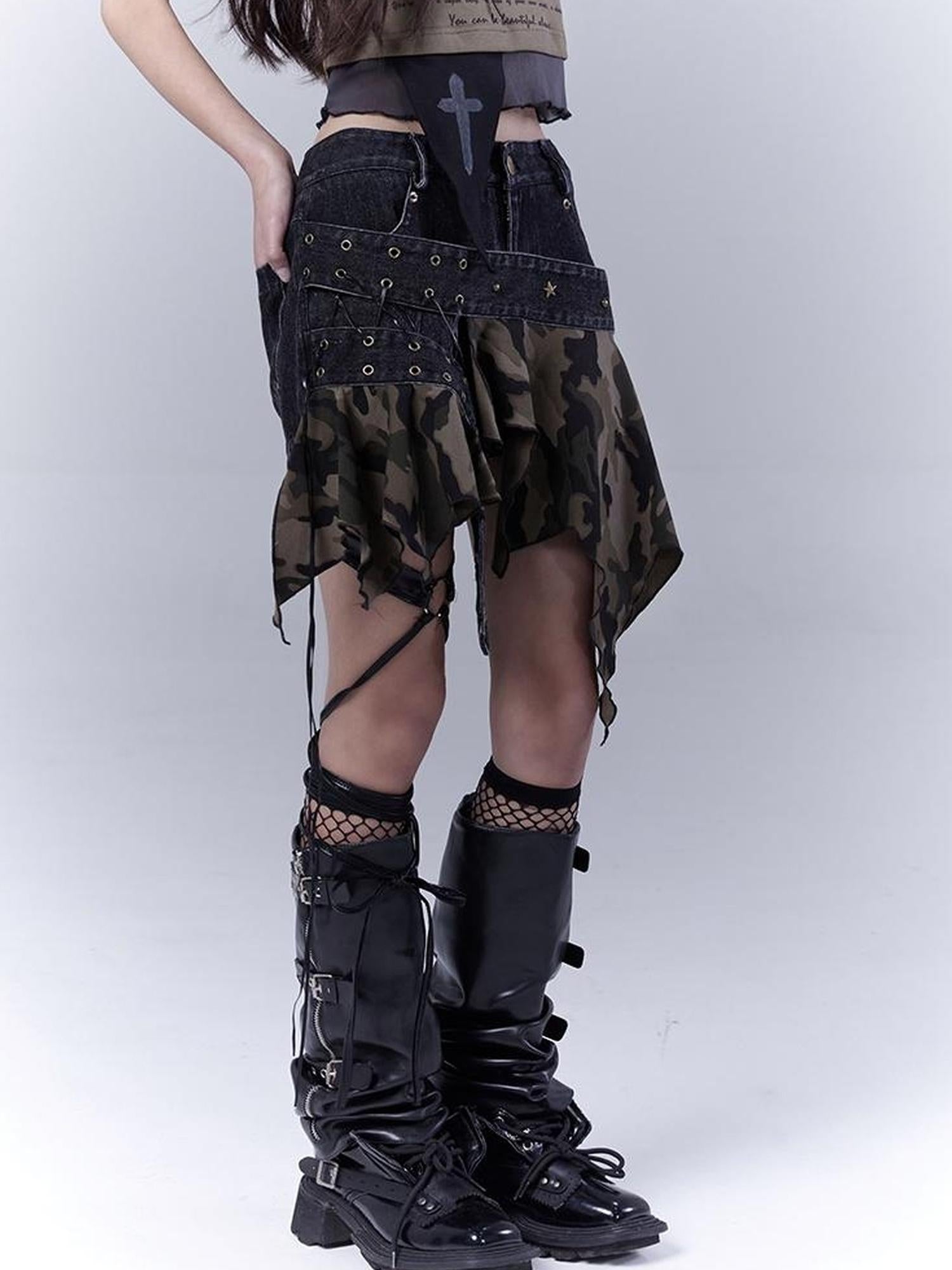 WSW WUSHENWU Vintage Camo Punk Tie Detail Denim Culottes
