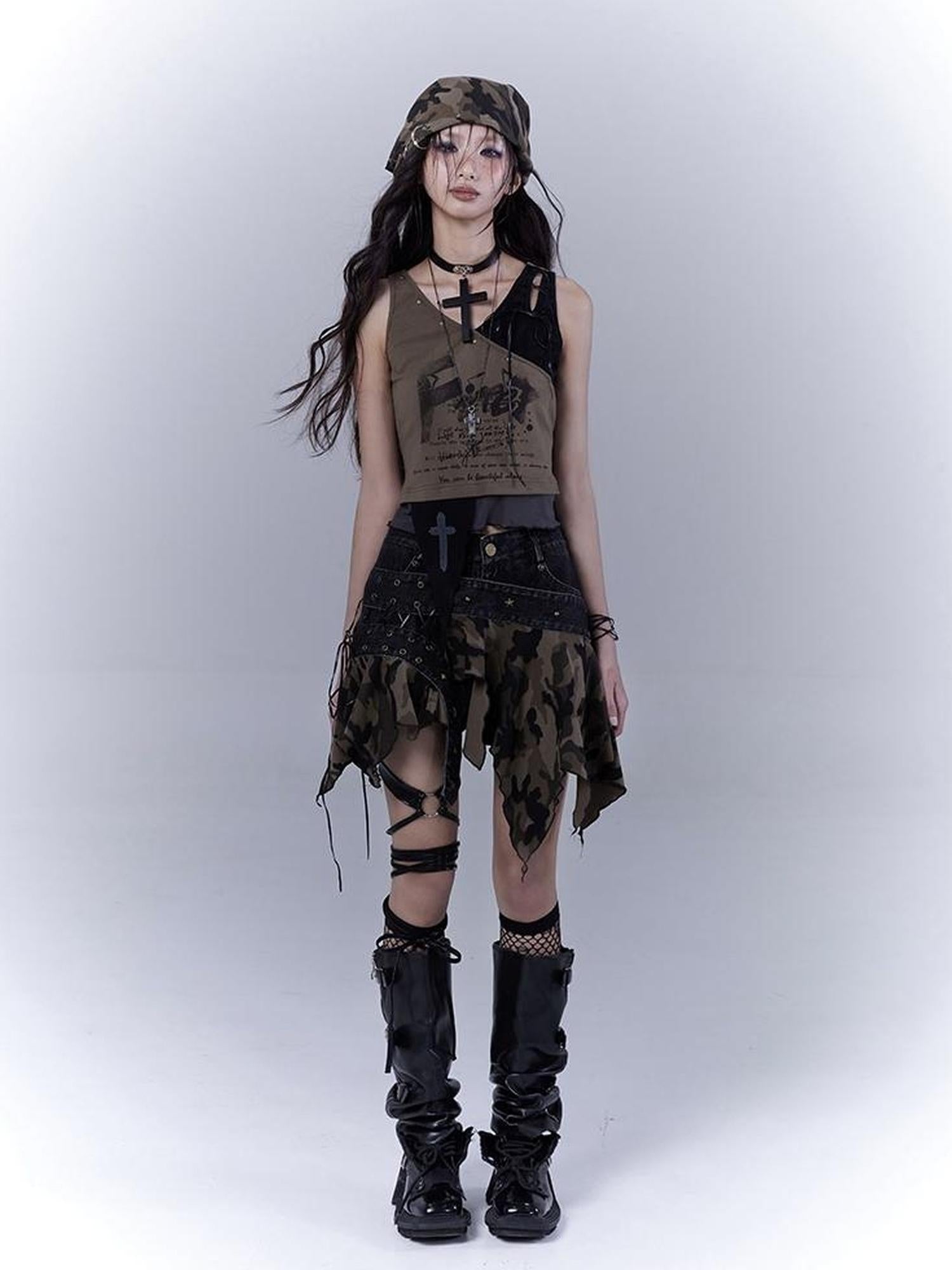 WSW WUSHENWU Vintage Camo Punk Tie Detail Denim Culottes