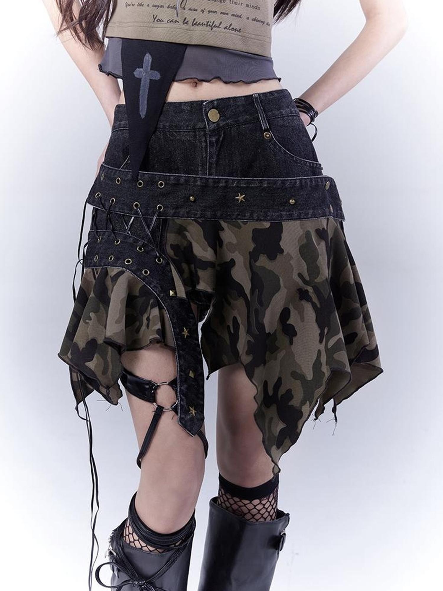 WSW WUSHENWU Vintage Camo Punk Tie Detail Denim Culottes