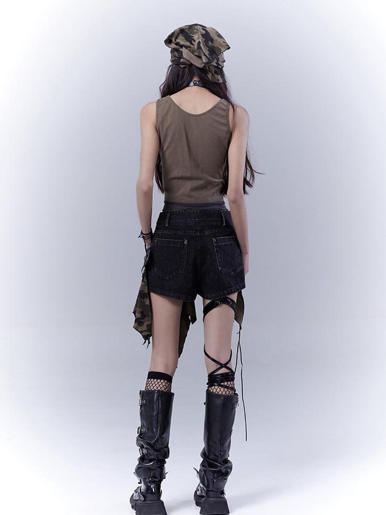 WSW WUSHENWU Vintage Camo Punk Tie Detail Denim Culottes