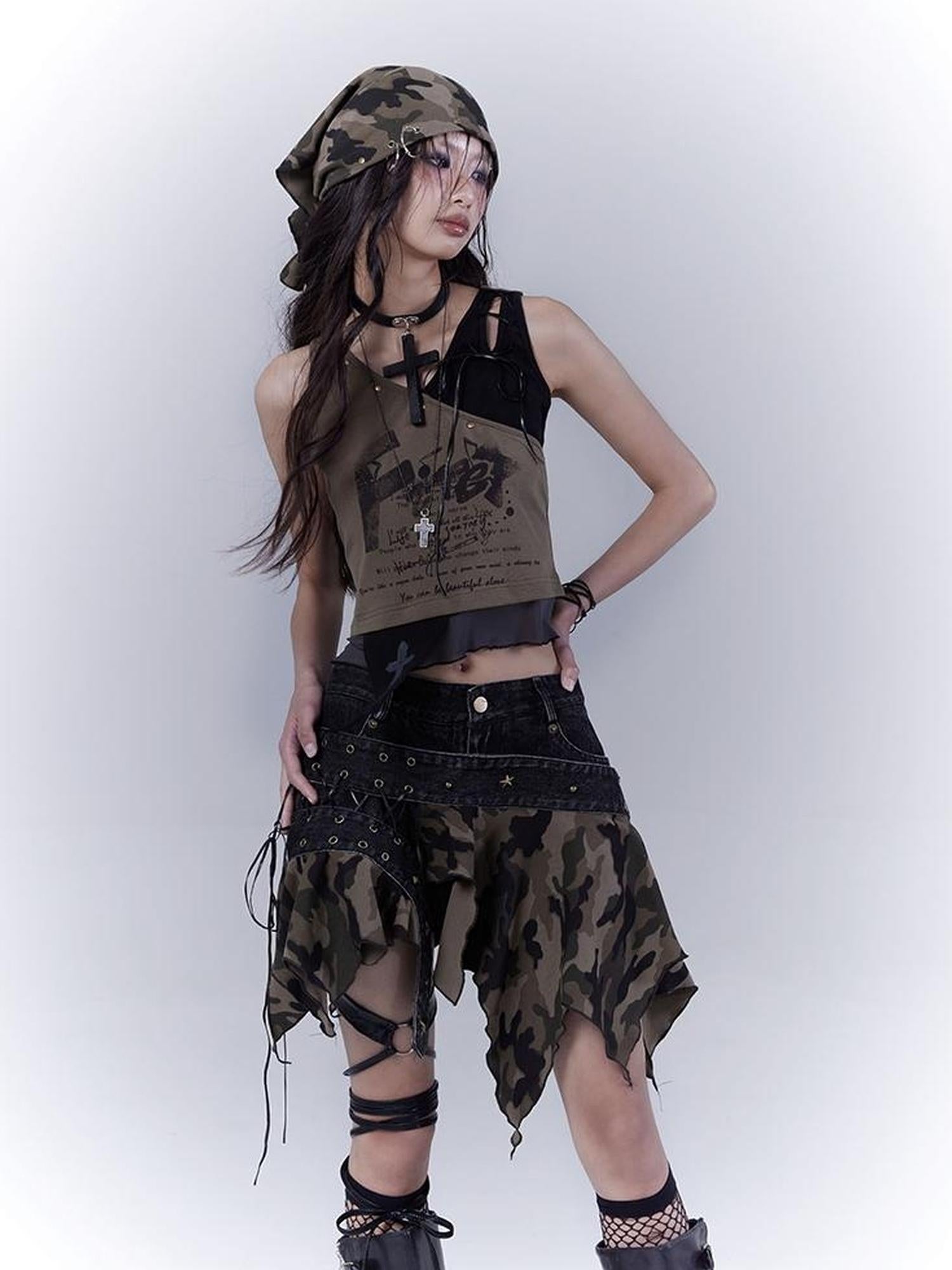 WSW WUSHENWU Vintage Camo Punk Tie Detail Denim Culottes