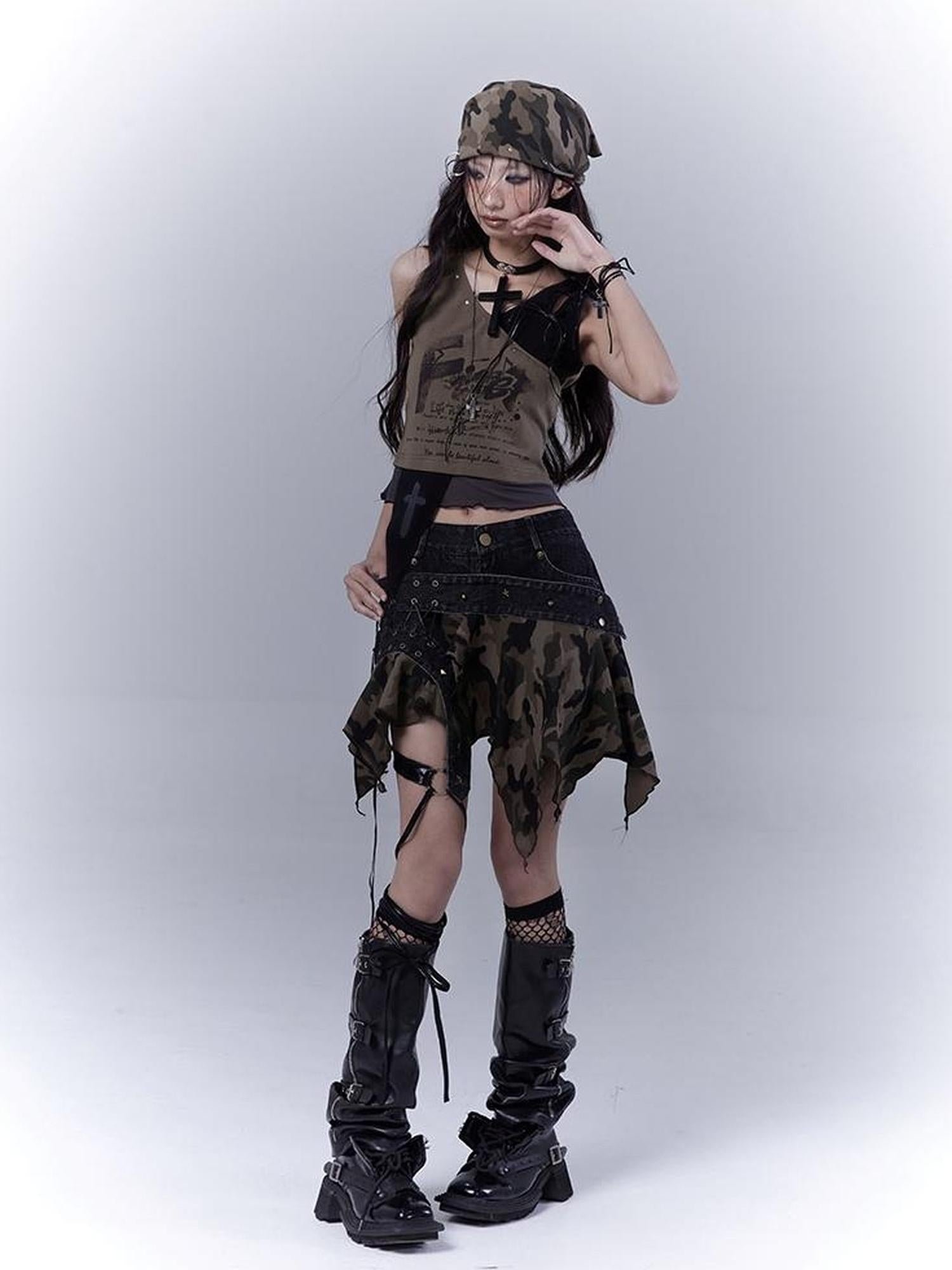 WSW WUSHENWU Vintage Camo Punk Tie Detail Denim Culottes