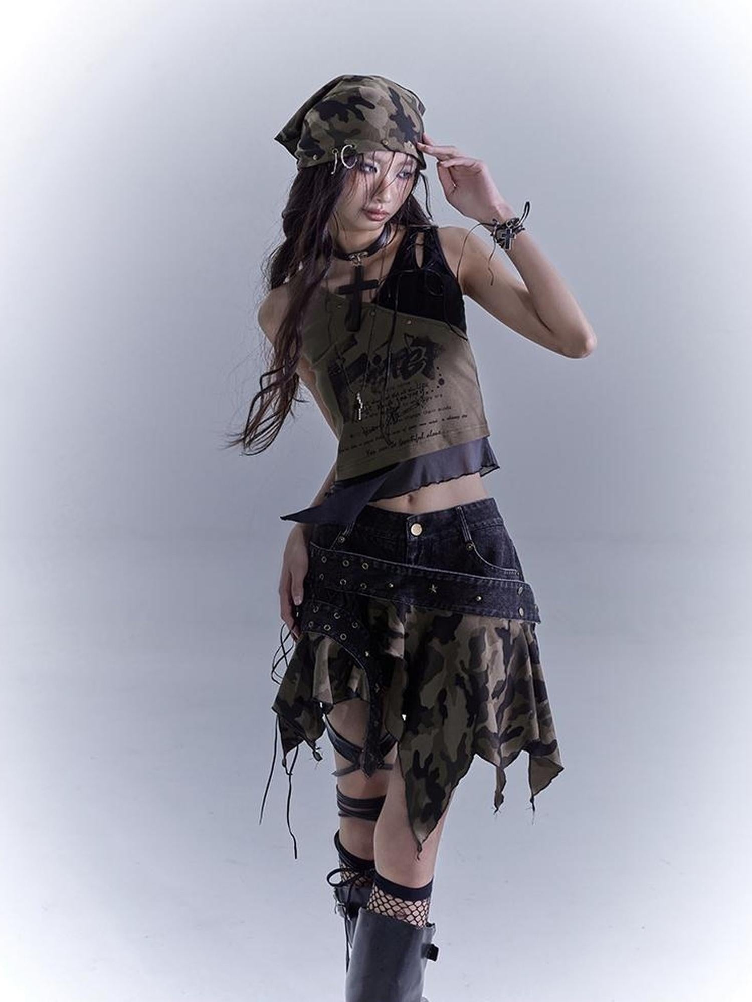 WSW WUSHENWU Vintage Camo Punk Tie Detail Denim Culottes