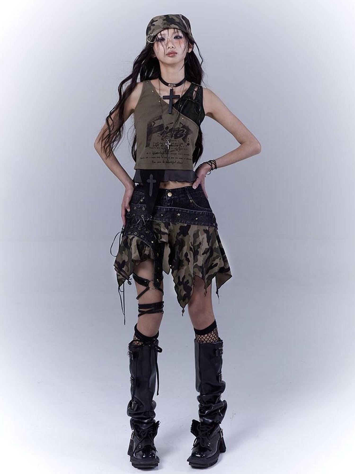 WSW WUSHENWU Vintage Camo Punk Tie Detail Denim Culottes