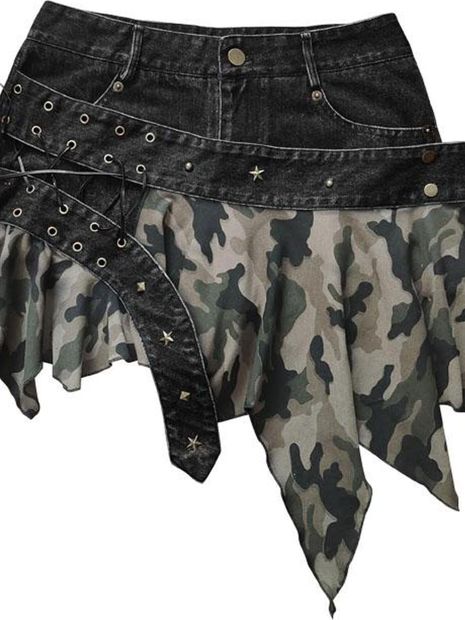 WSW WUSHENWU Vintage Camo Punk Tie Detail Denim Culottes