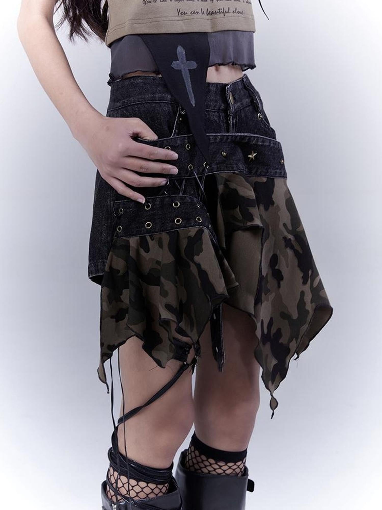 WSW WUSHENWU Vintage Camo Punk Tie Detail Denim Culottes