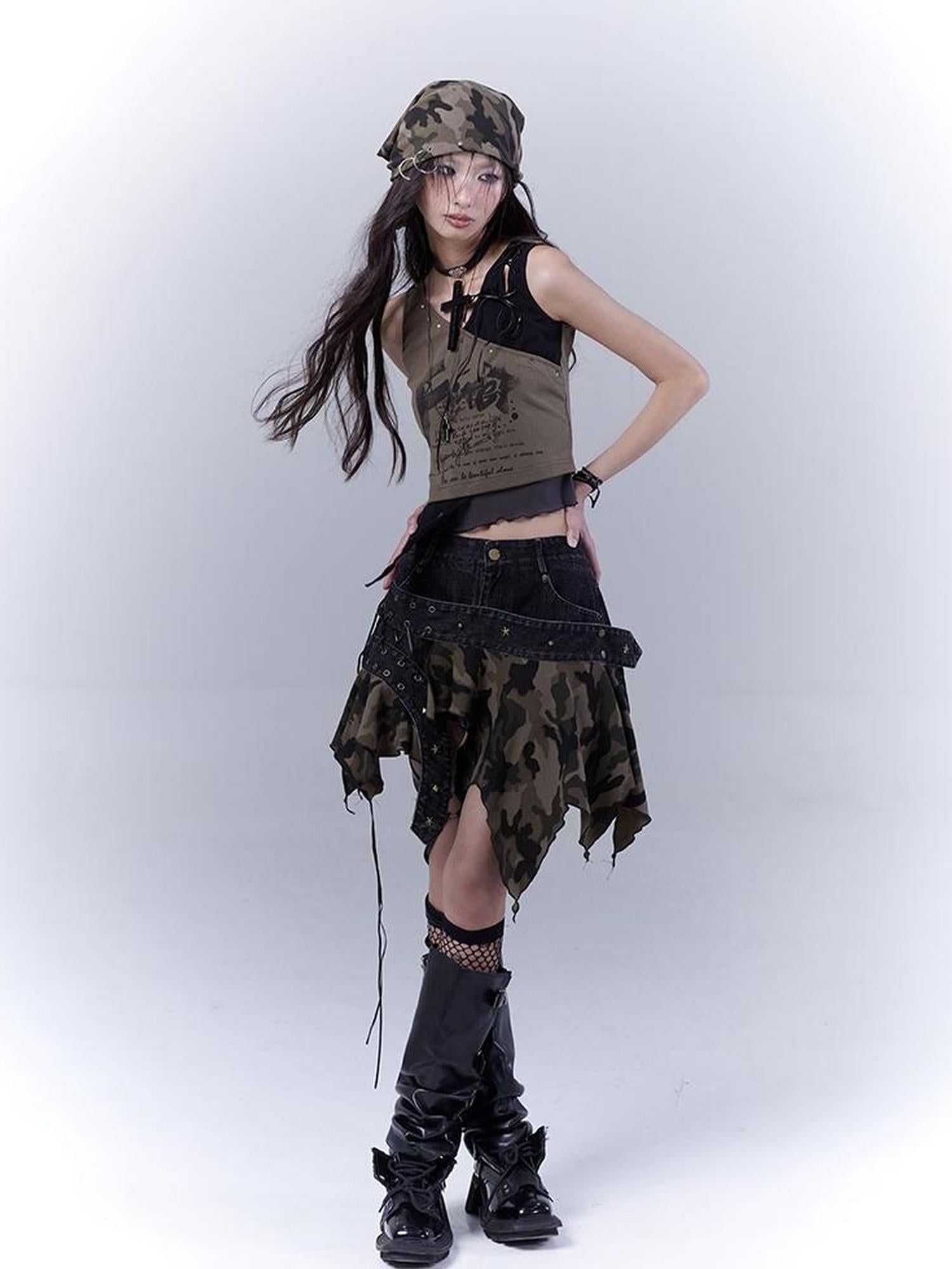 WSW WUSHENWU Vintage Camo Punk Tie Detail Denim Culottes