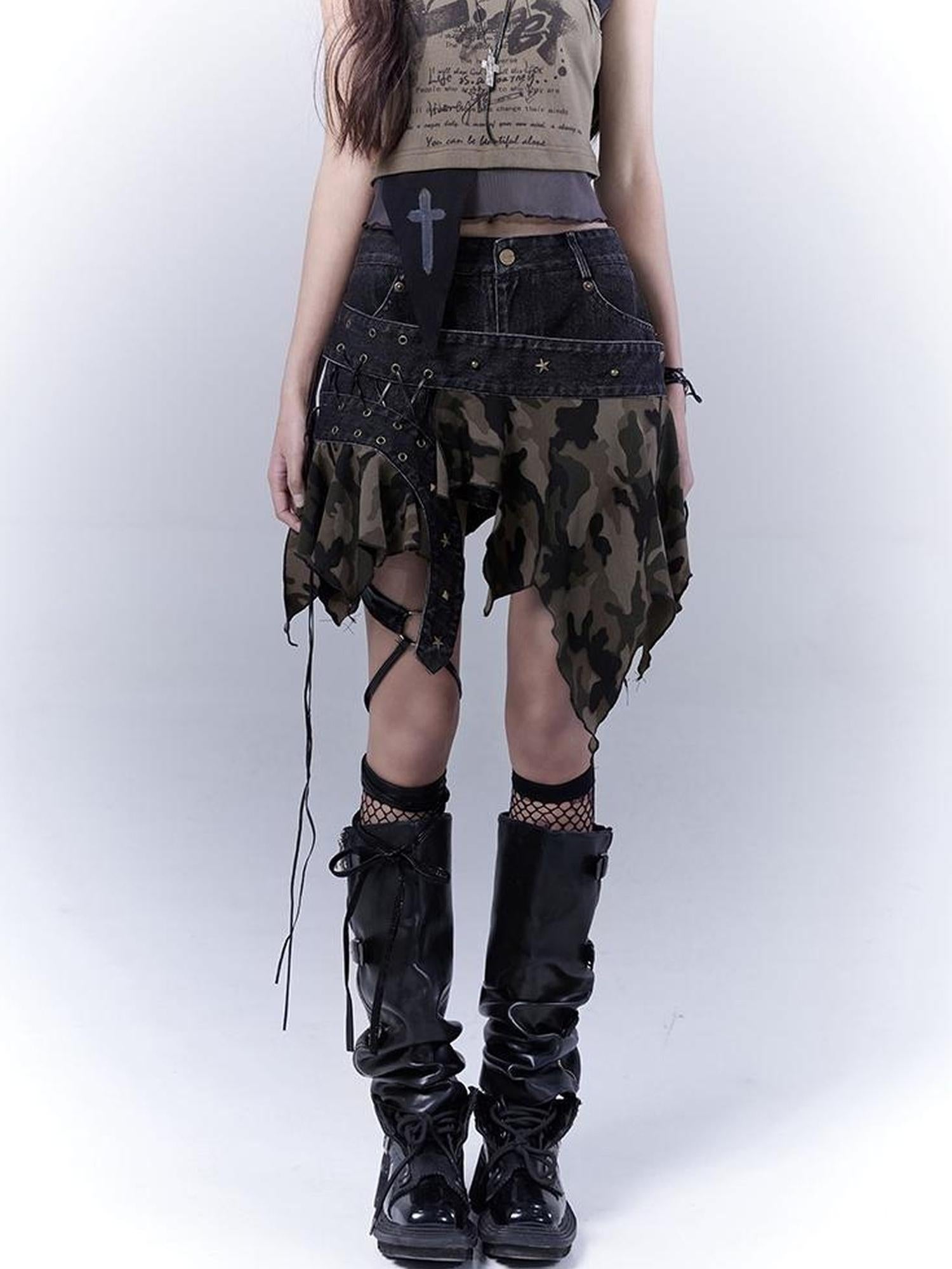 WSW WUSHENWU Vintage Camo Punk Tie Detail Denim Culottes